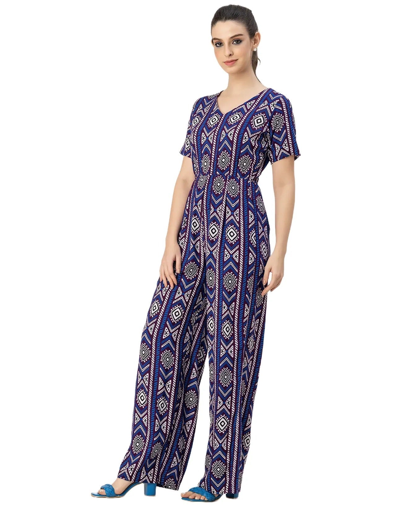 Short Sleeve Full Leg Printed Rayon Jumpsuit