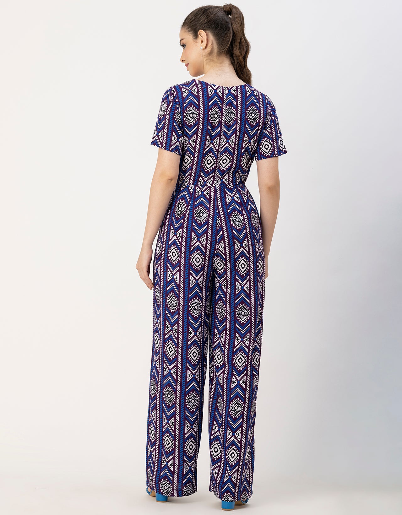 Short Sleeve Full Leg Printed Rayon Jumpsuit
