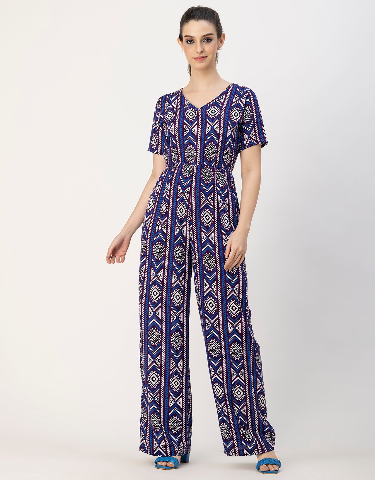 Short Sleeve Full Leg Printed Rayon Jumpsuit