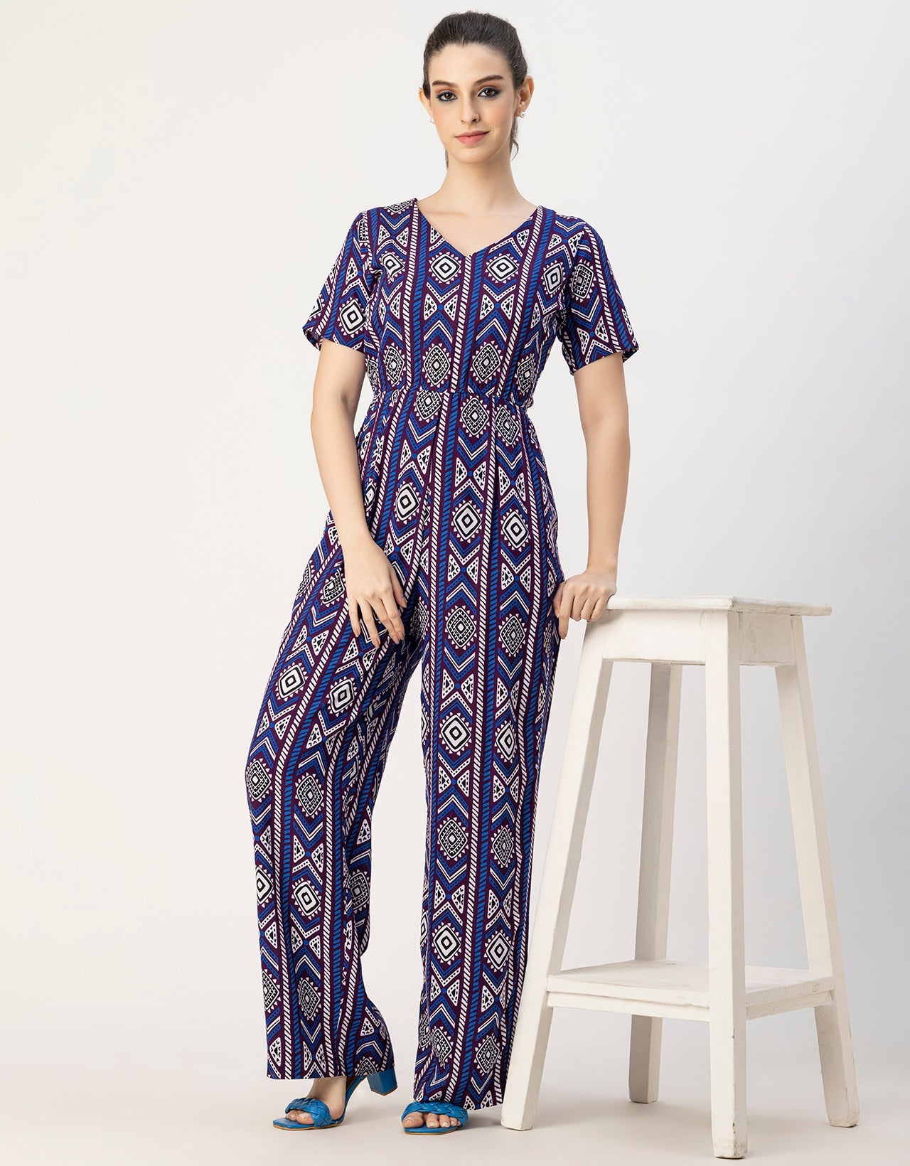 Short Sleeve Full Leg Printed Rayon Jumpsuit