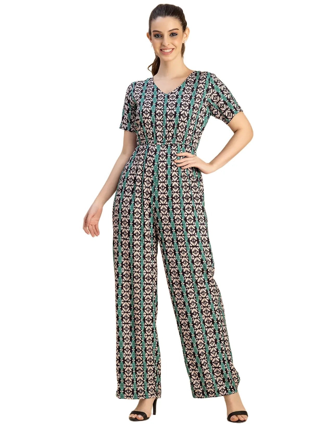 Short Sleeve Full Leg Printed Rayon Jumpsuit