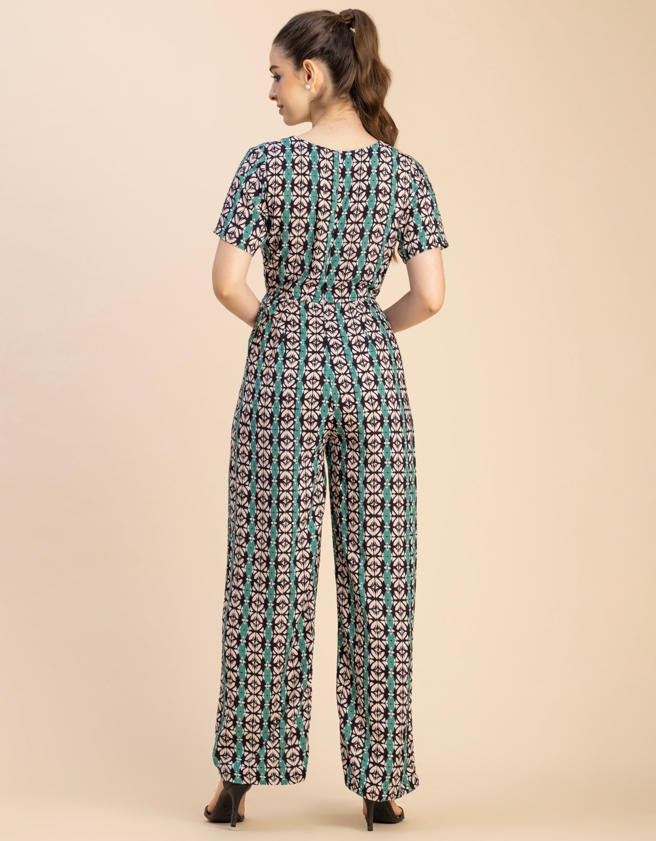 Short Sleeve Full Leg Printed Rayon Jumpsuit