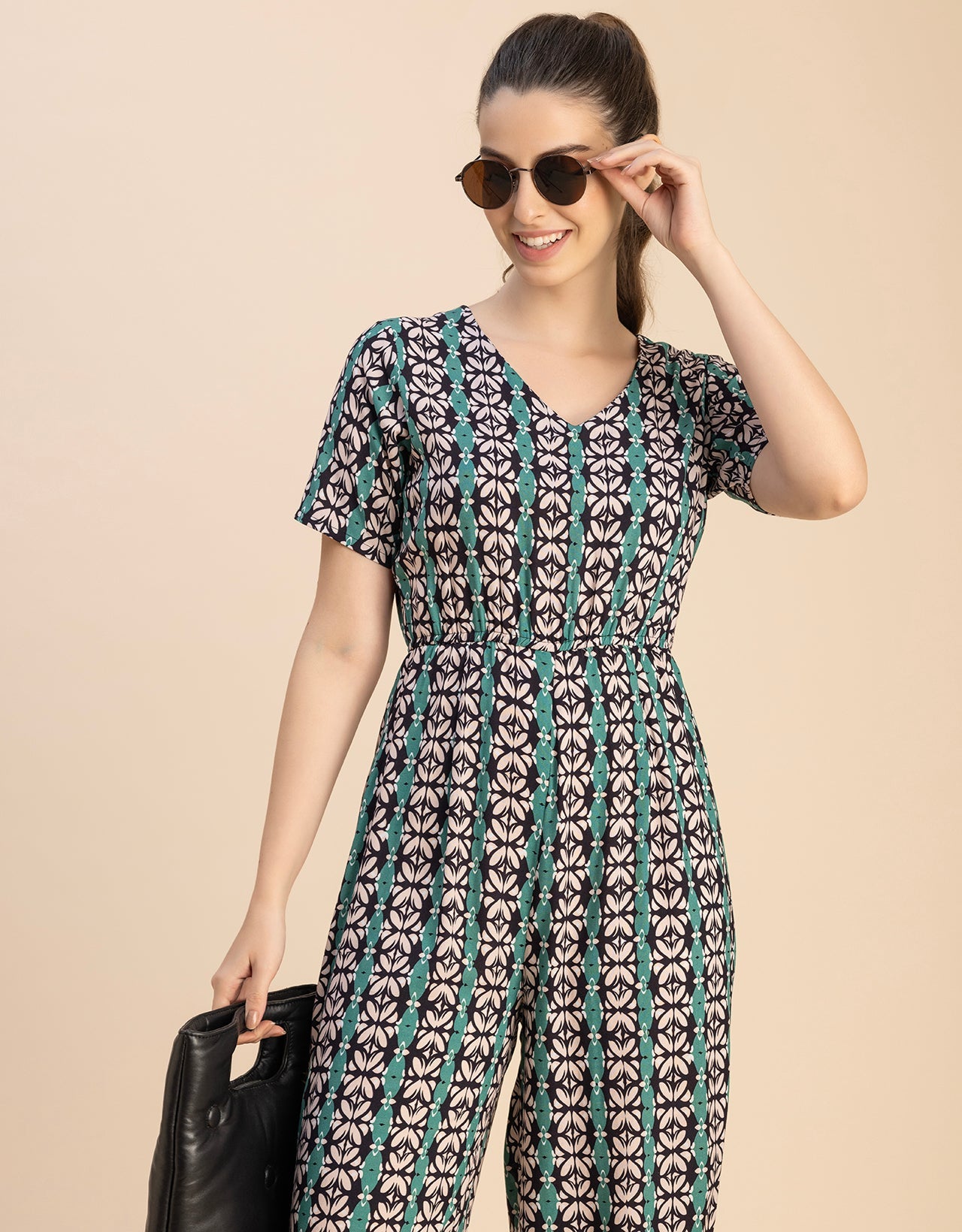 Short Sleeve Full Leg Printed Rayon Jumpsuit