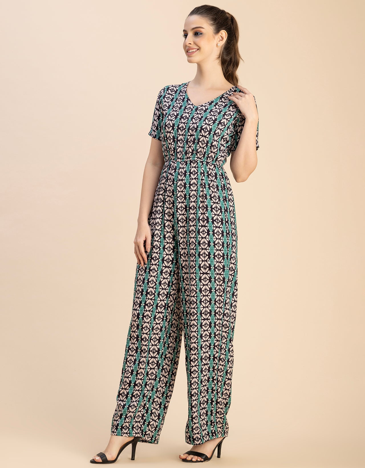 Short Sleeve Full Leg Printed Rayon Jumpsuit