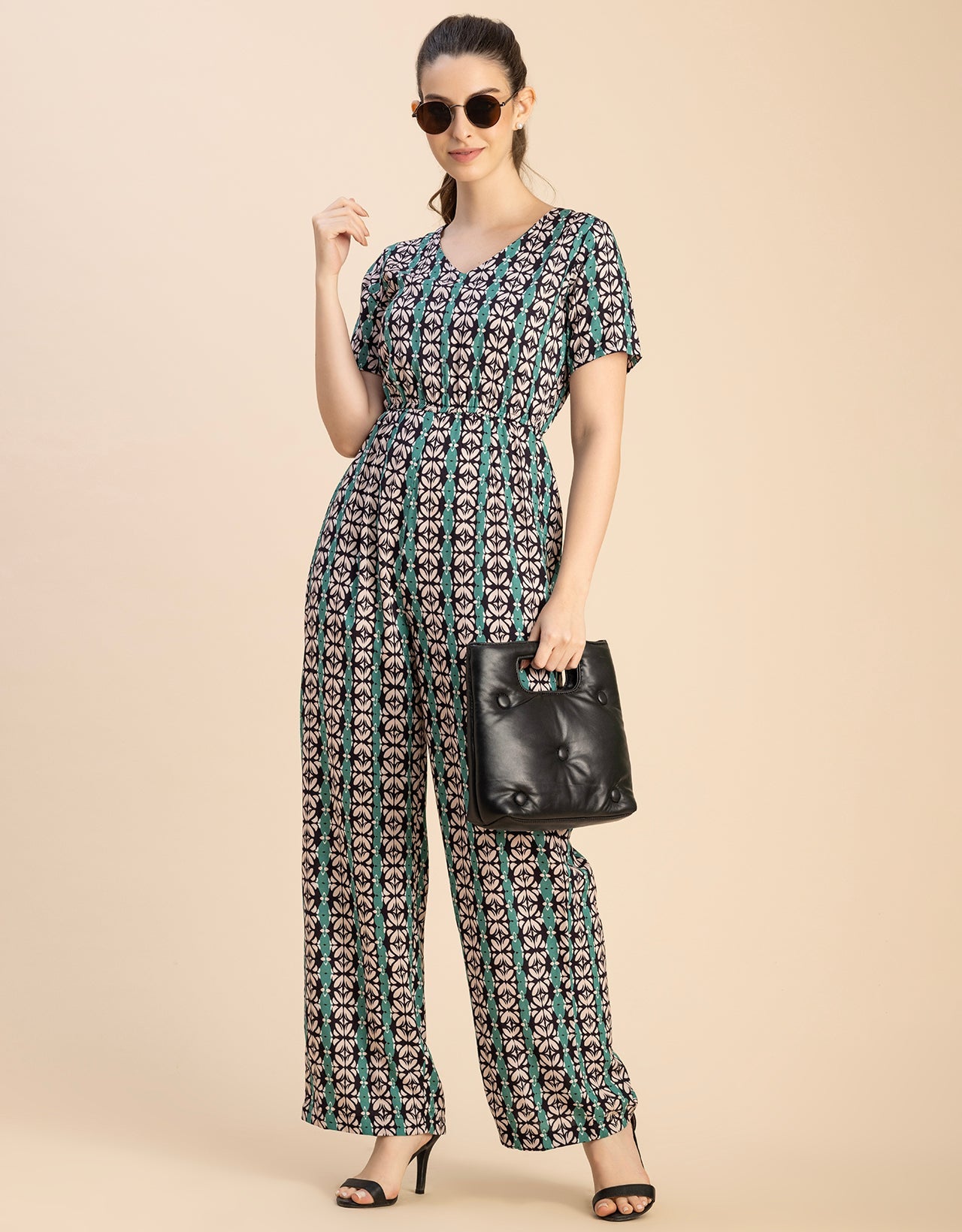 Short Sleeve Full Leg Printed Rayon Jumpsuit