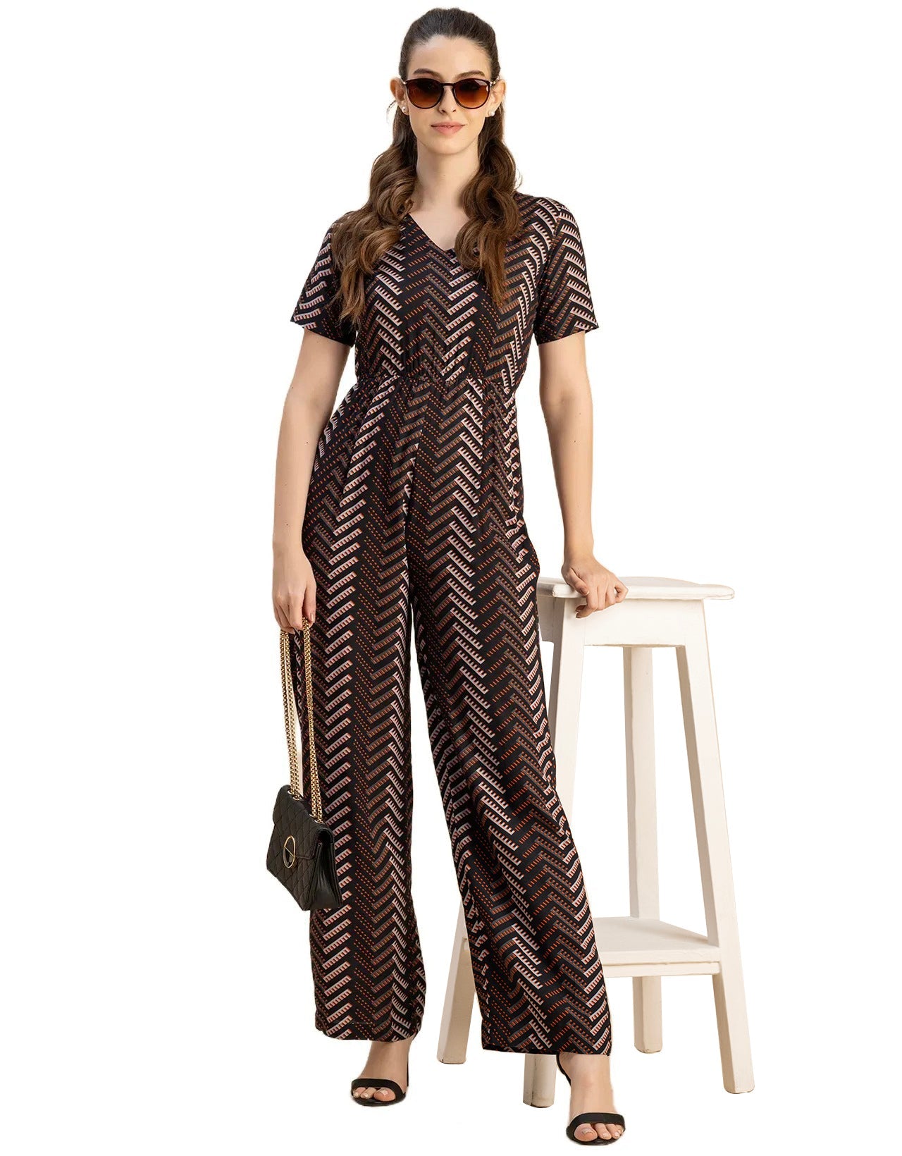 Short Sleeve Full Leg Printed Rayon Jumpsuit
