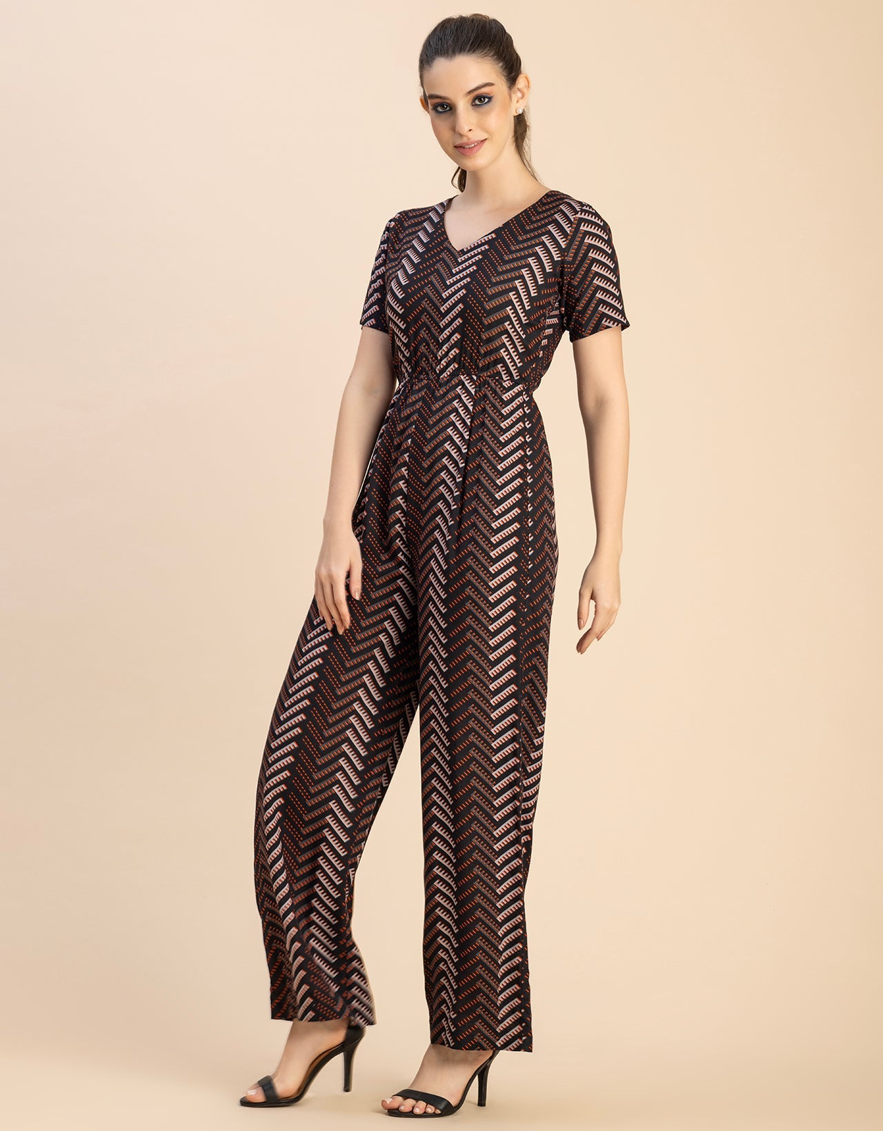 Short Sleeve Full Leg Printed Rayon Jumpsuit