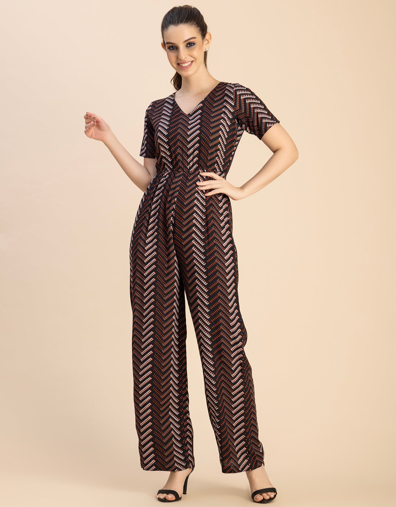 Short Sleeve Full Leg Printed Rayon Jumpsuit