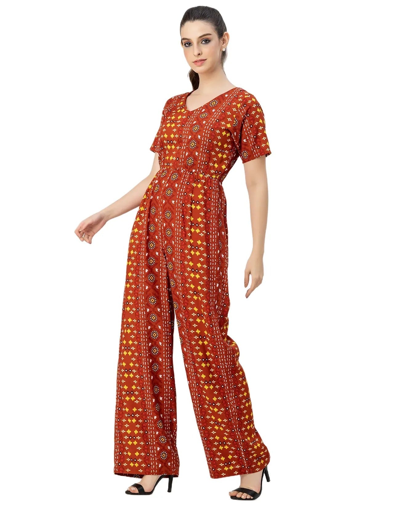 Short Sleeve Full Leg Printed Rayon Jumpsuit