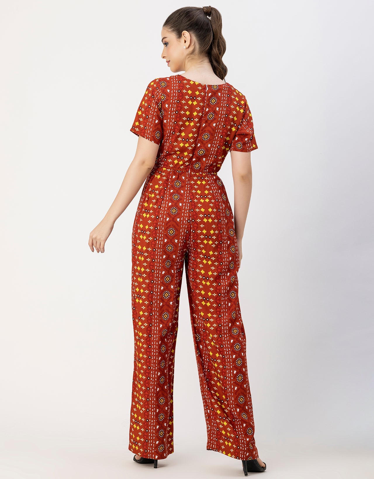 Short Sleeve Full Leg Printed Rayon Jumpsuit