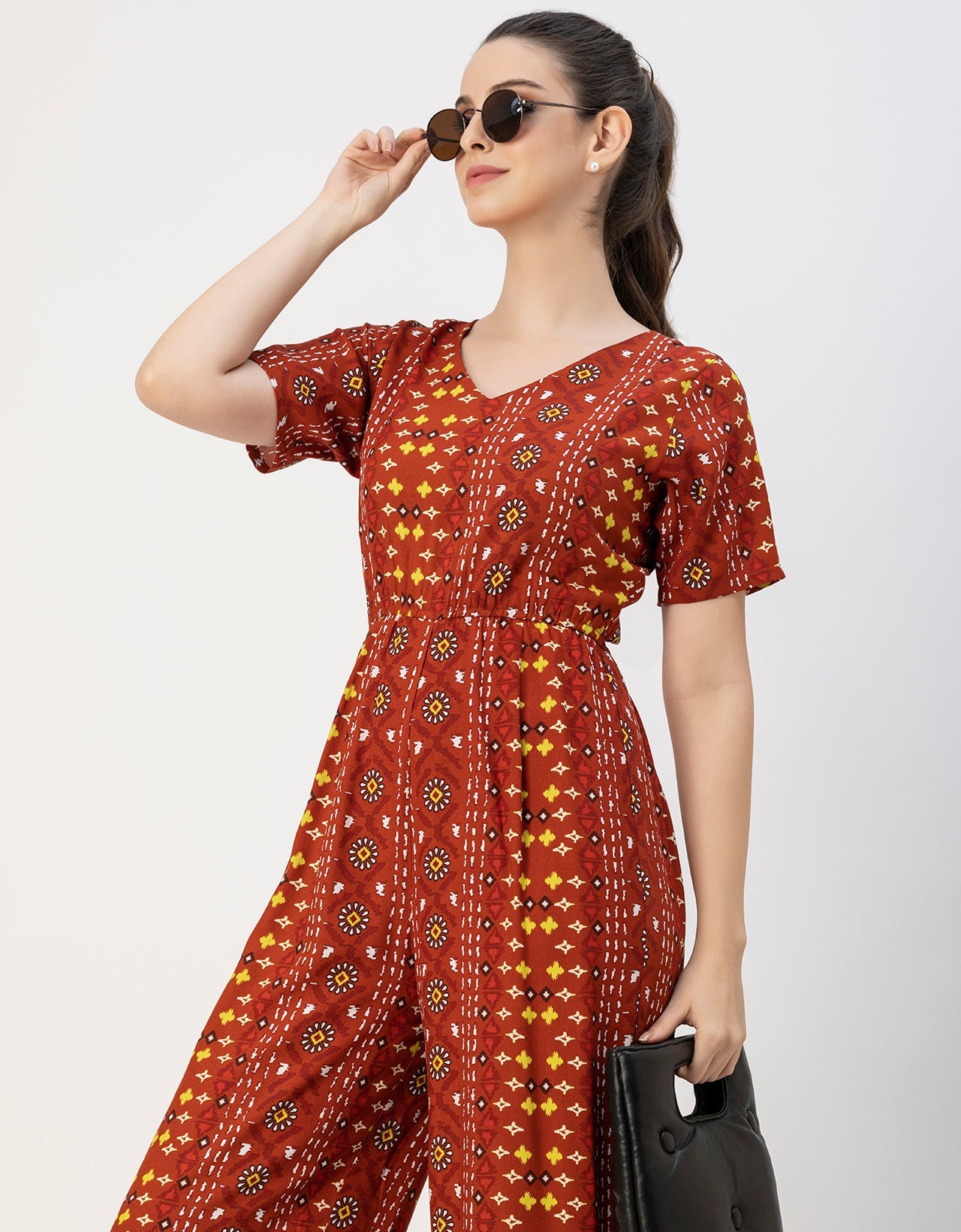 Short Sleeve Full Leg Printed Rayon Jumpsuit
