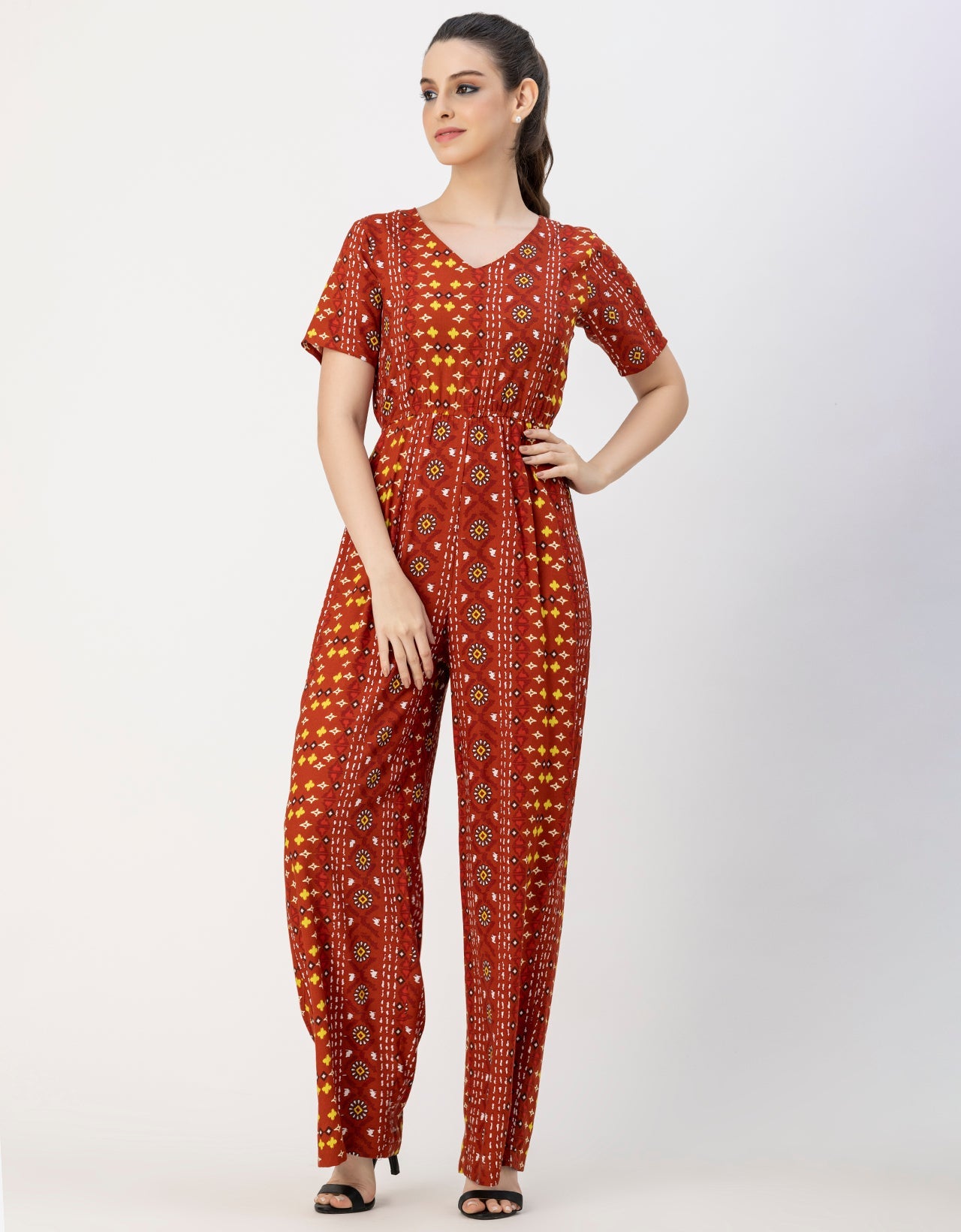 Short Sleeve Full Leg Printed Rayon Jumpsuit