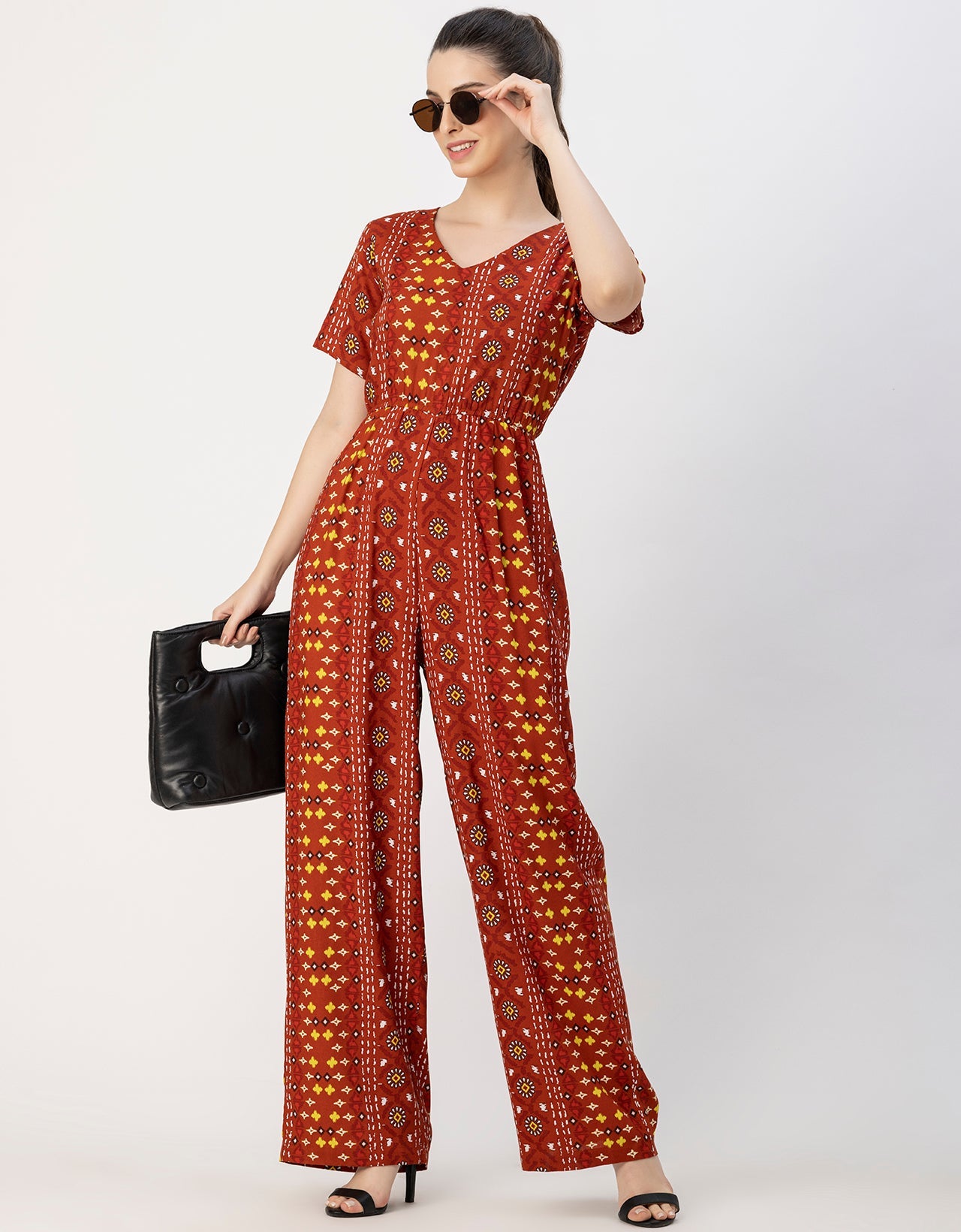 Short Sleeve Full Leg Printed Rayon Jumpsuit