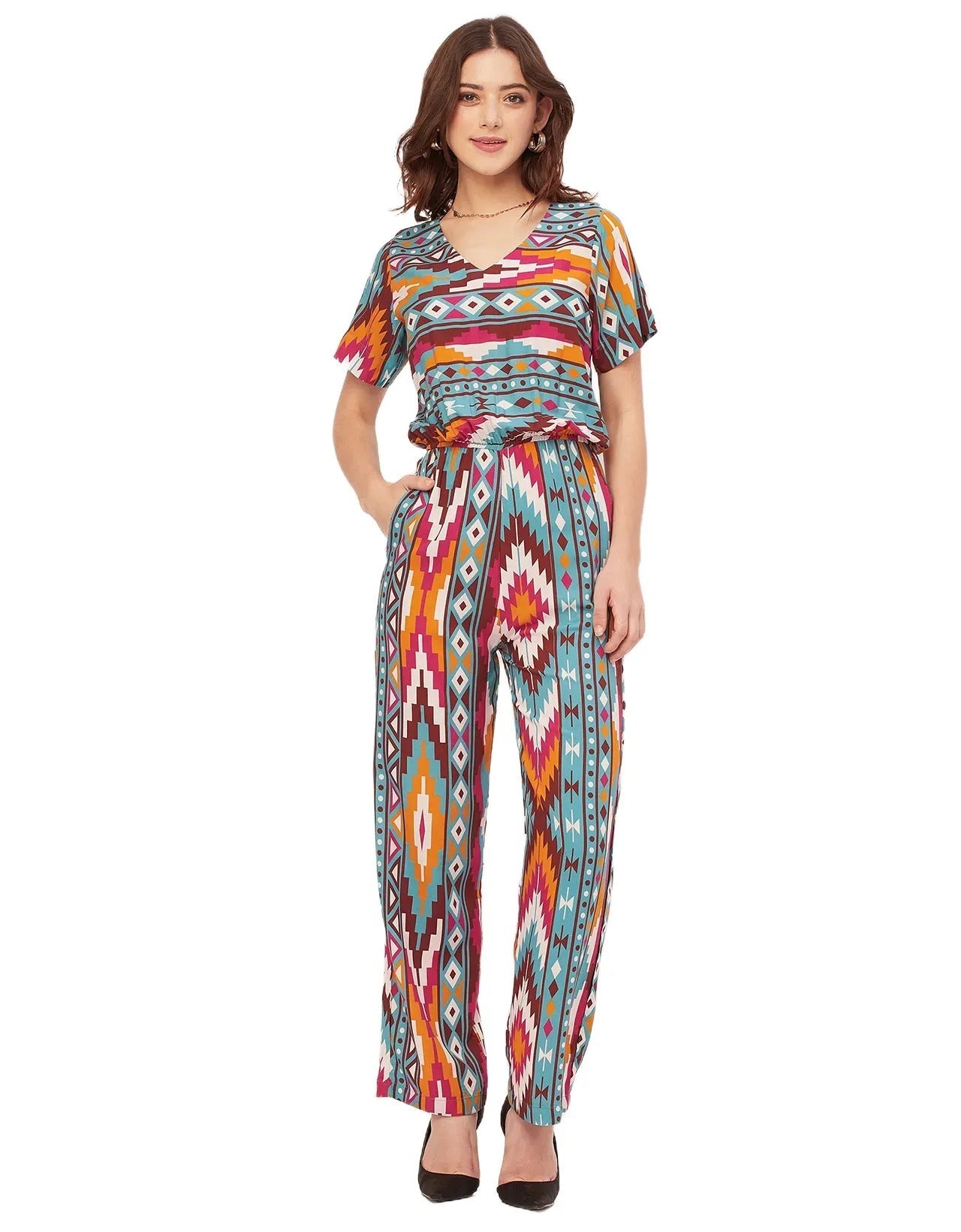 V Neck Full Leg Printed Rayon Jumpsuit