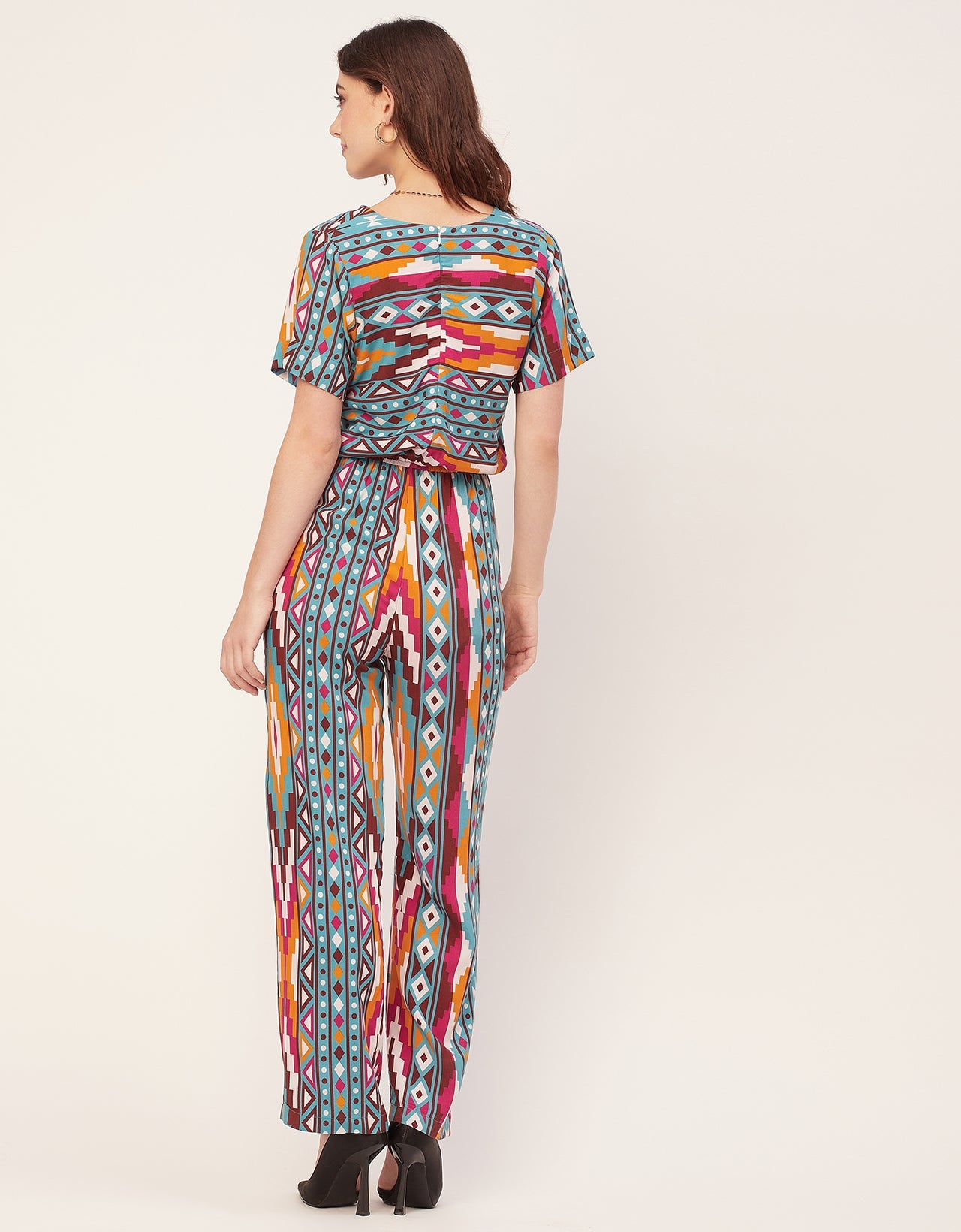 V Neck Full Leg Printed Rayon Jumpsuit