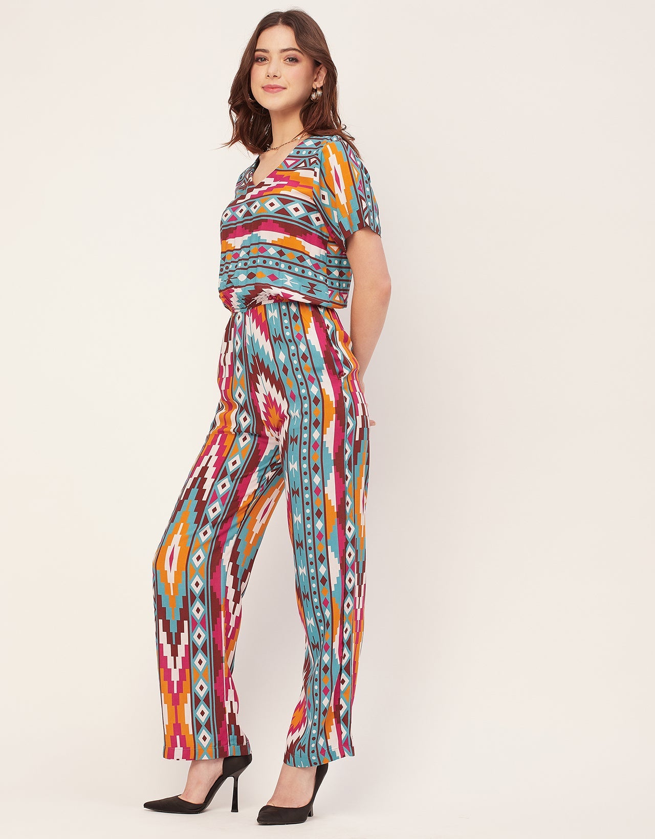 V Neck Full Leg Printed Rayon Jumpsuit