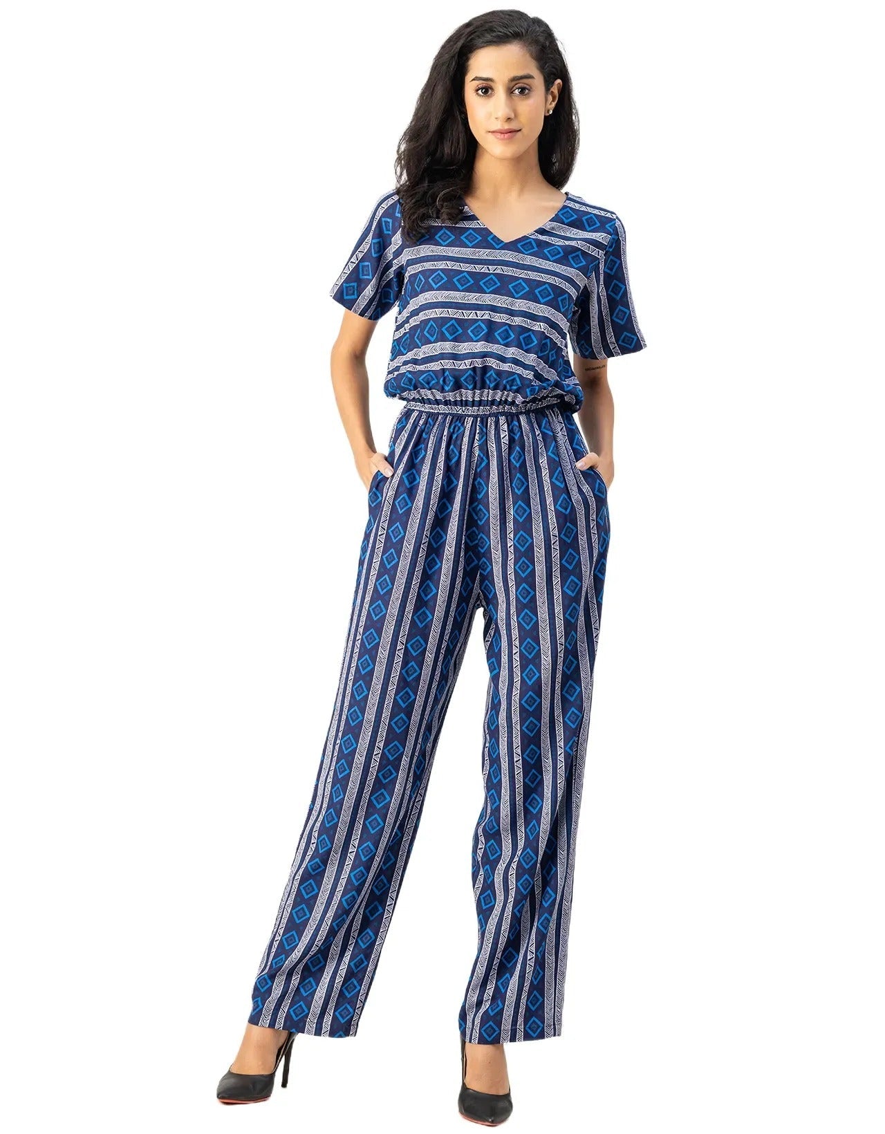 V Neck Full Leg Printed Rayon Jumpsuit