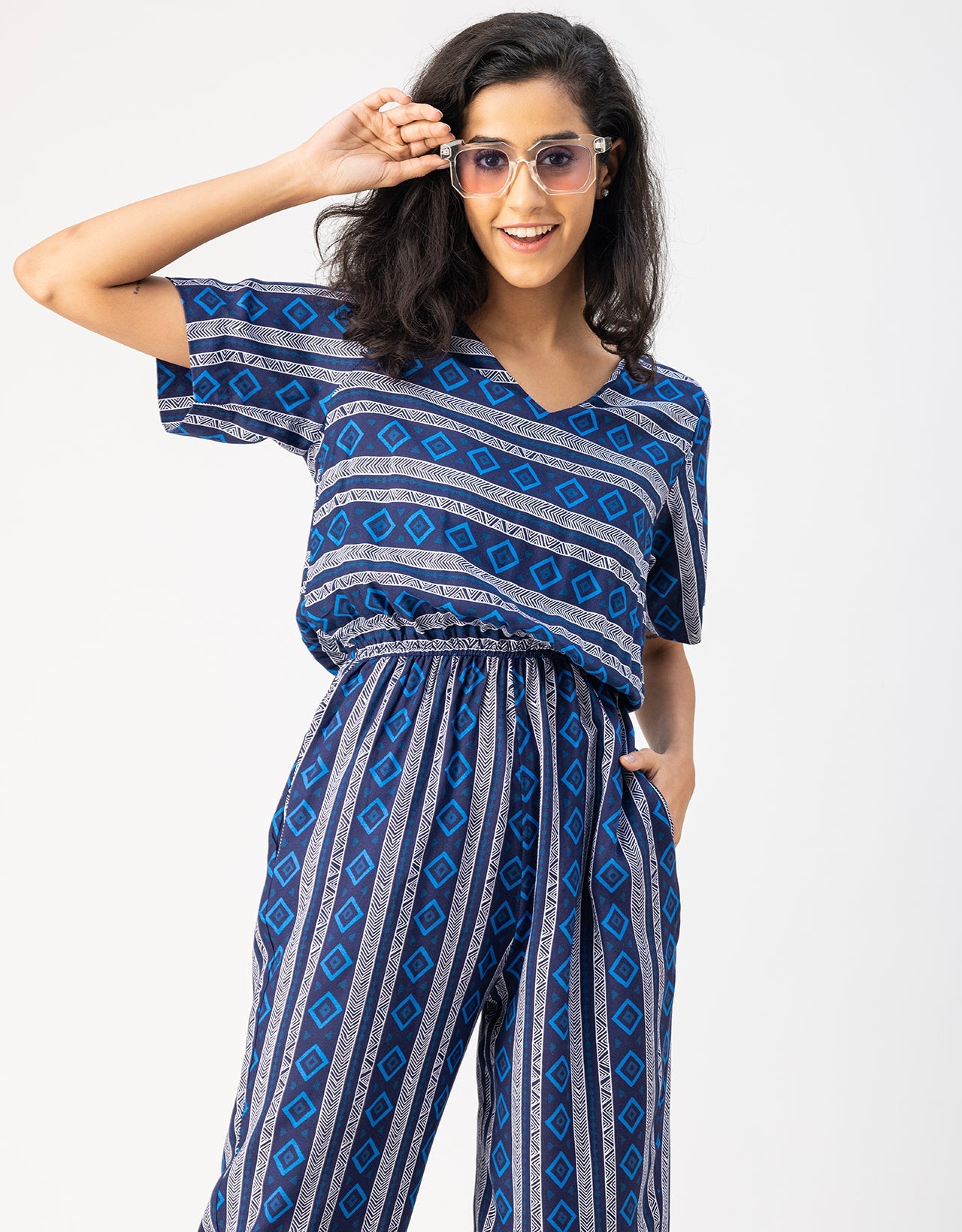 V Neck Full Leg Printed Rayon Jumpsuit