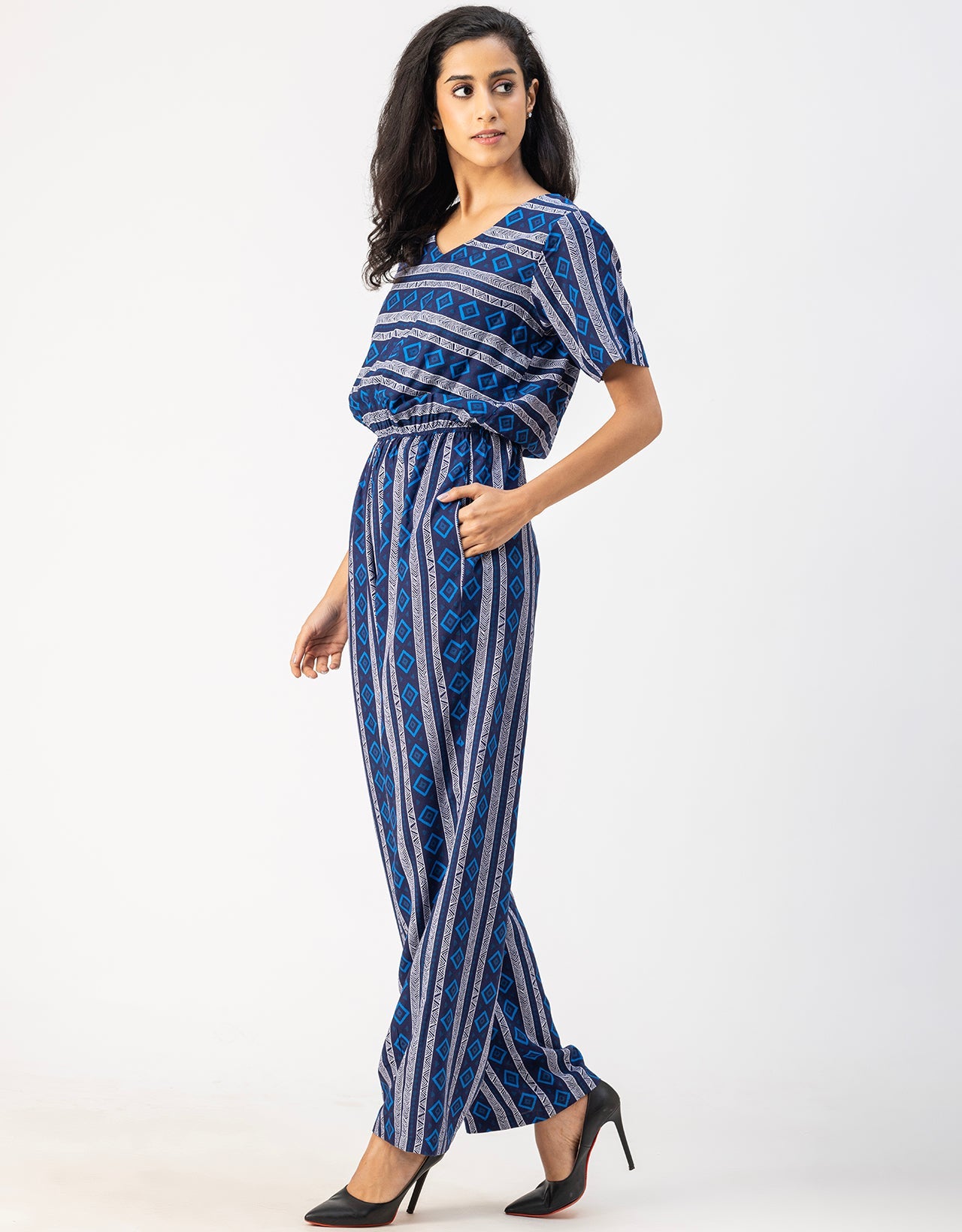 V Neck Full Leg Printed Rayon Jumpsuit