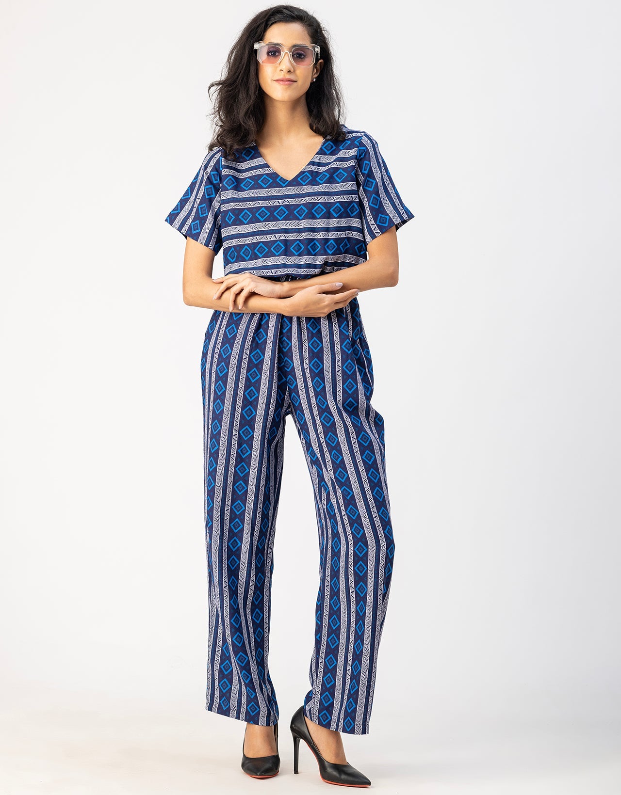 V Neck Full Leg Printed Rayon Jumpsuit