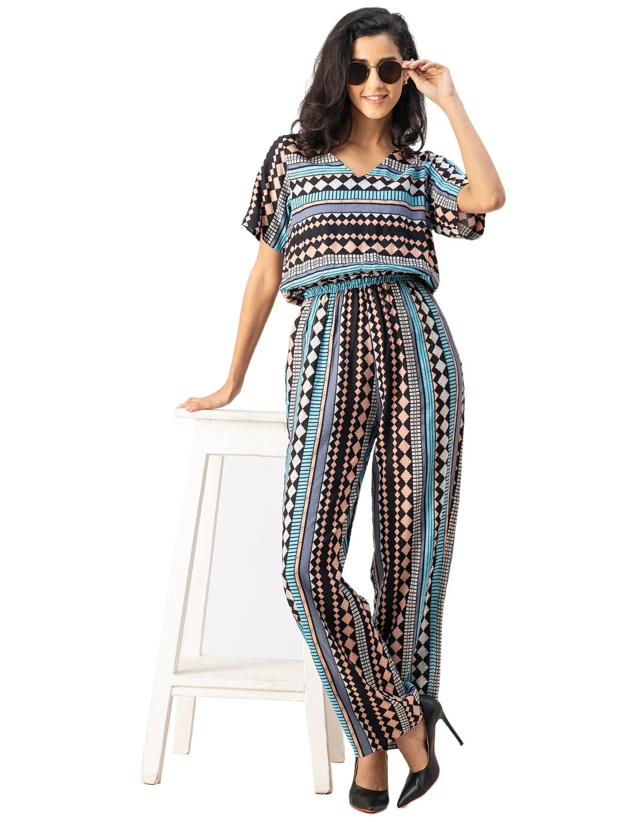 V Neck Full Leg Printed Rayon Jumpsuit