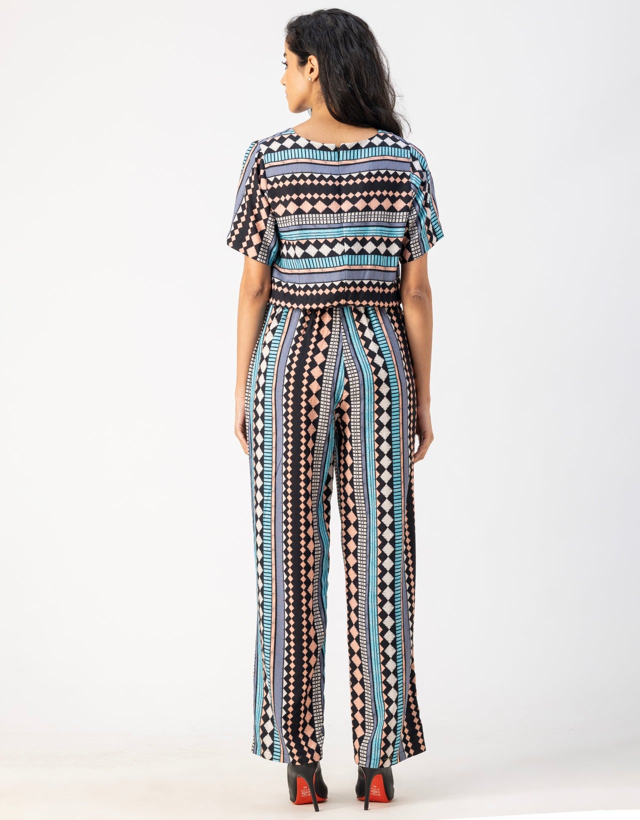 V Neck Full Leg Printed Rayon Jumpsuit