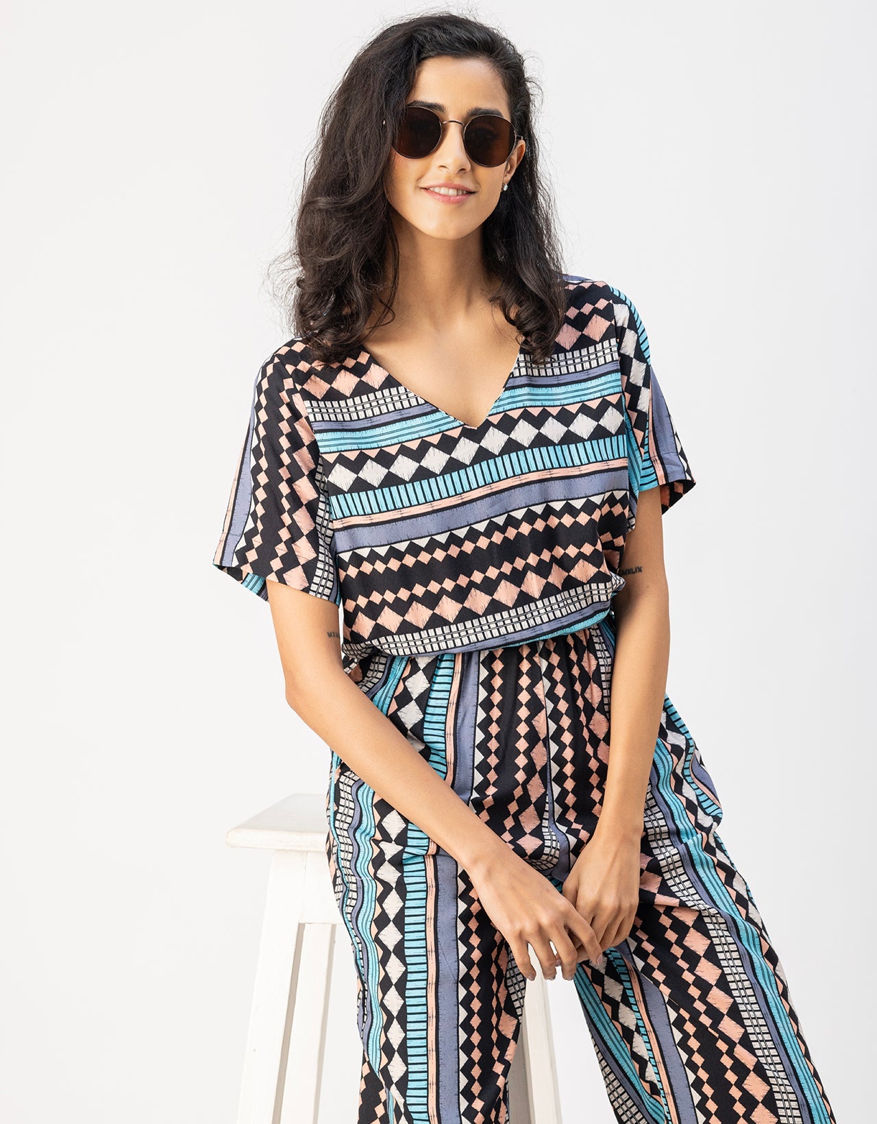V Neck Full Leg Printed Rayon Jumpsuit