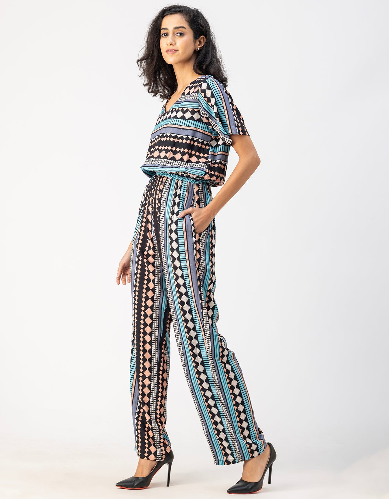 V Neck Full Leg Printed Rayon Jumpsuit