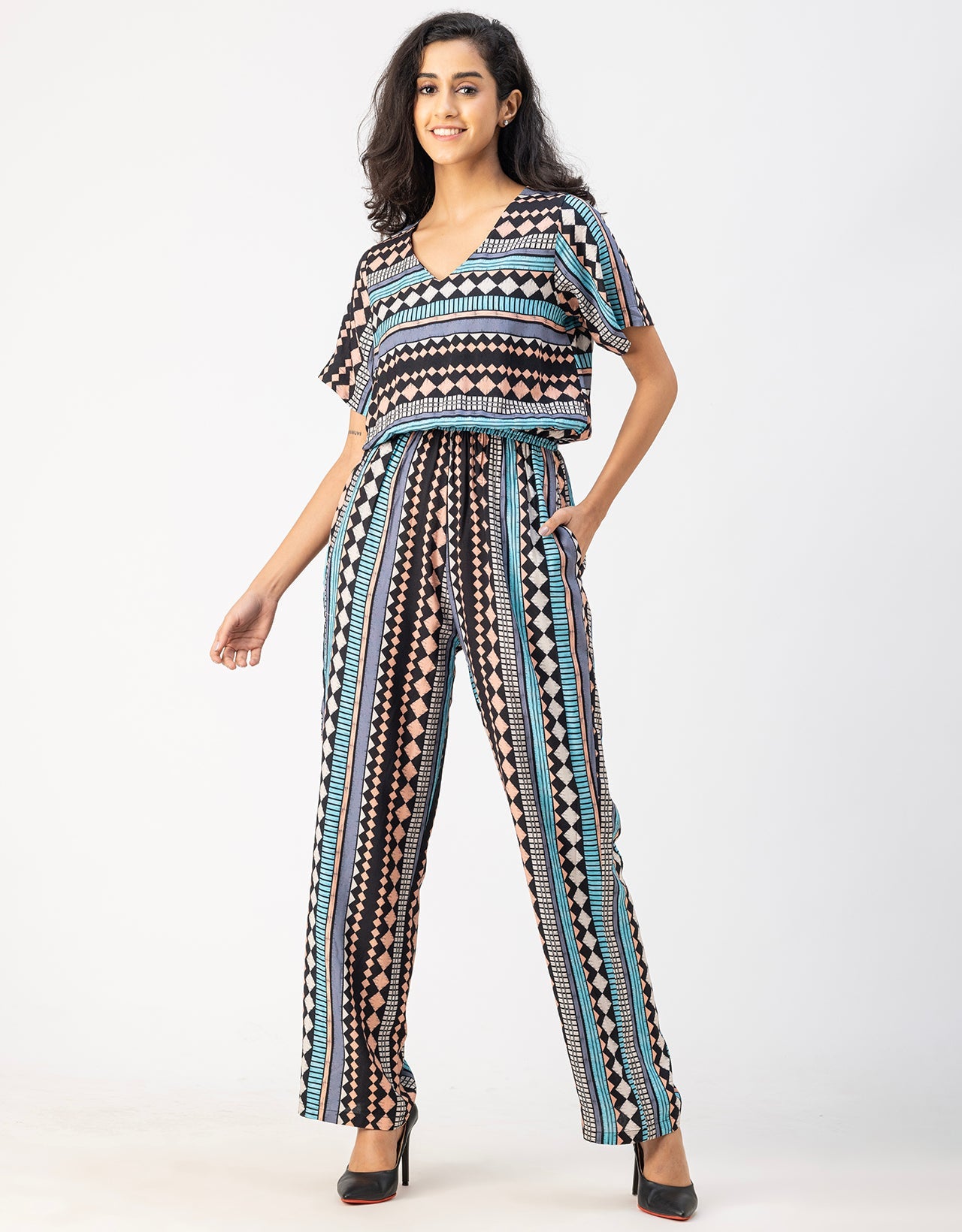 V Neck Full Leg Printed Rayon Jumpsuit