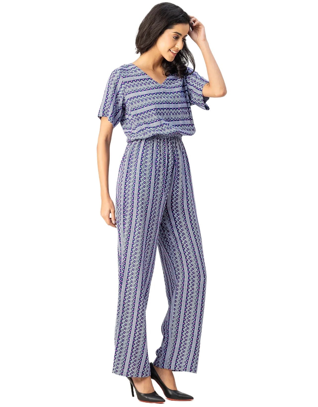 V Neck Full Leg Printed Rayon Jumpsuit