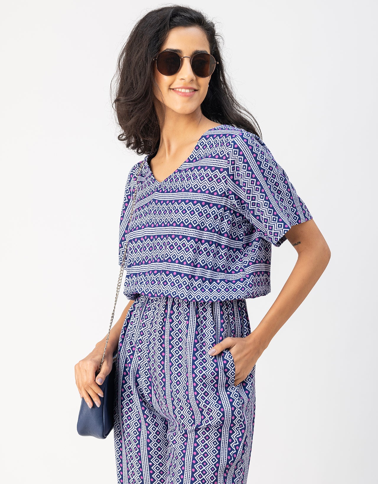 V Neck Full Leg Printed Rayon Jumpsuit