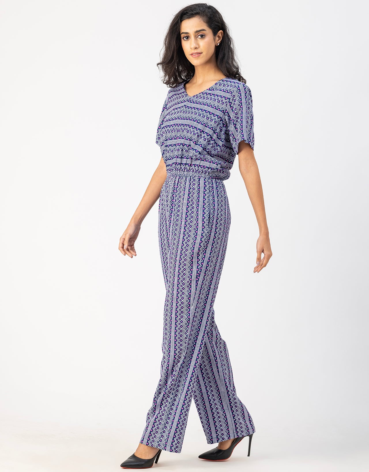 V Neck Full Leg Printed Rayon Jumpsuit