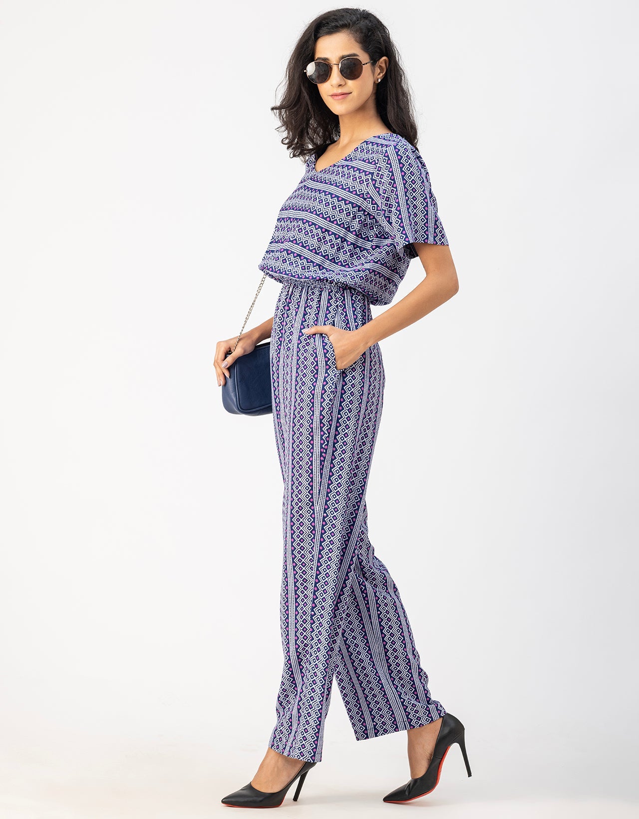 V Neck Full Leg Printed Rayon Jumpsuit