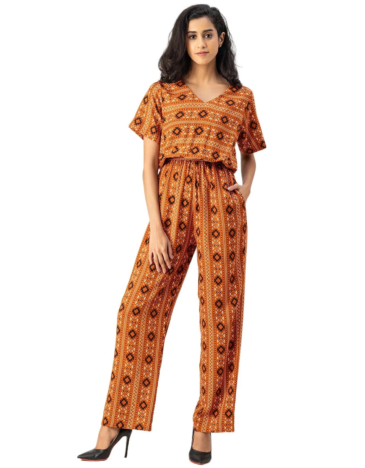 V Neck Full Leg Printed Rayon Jumpsuit