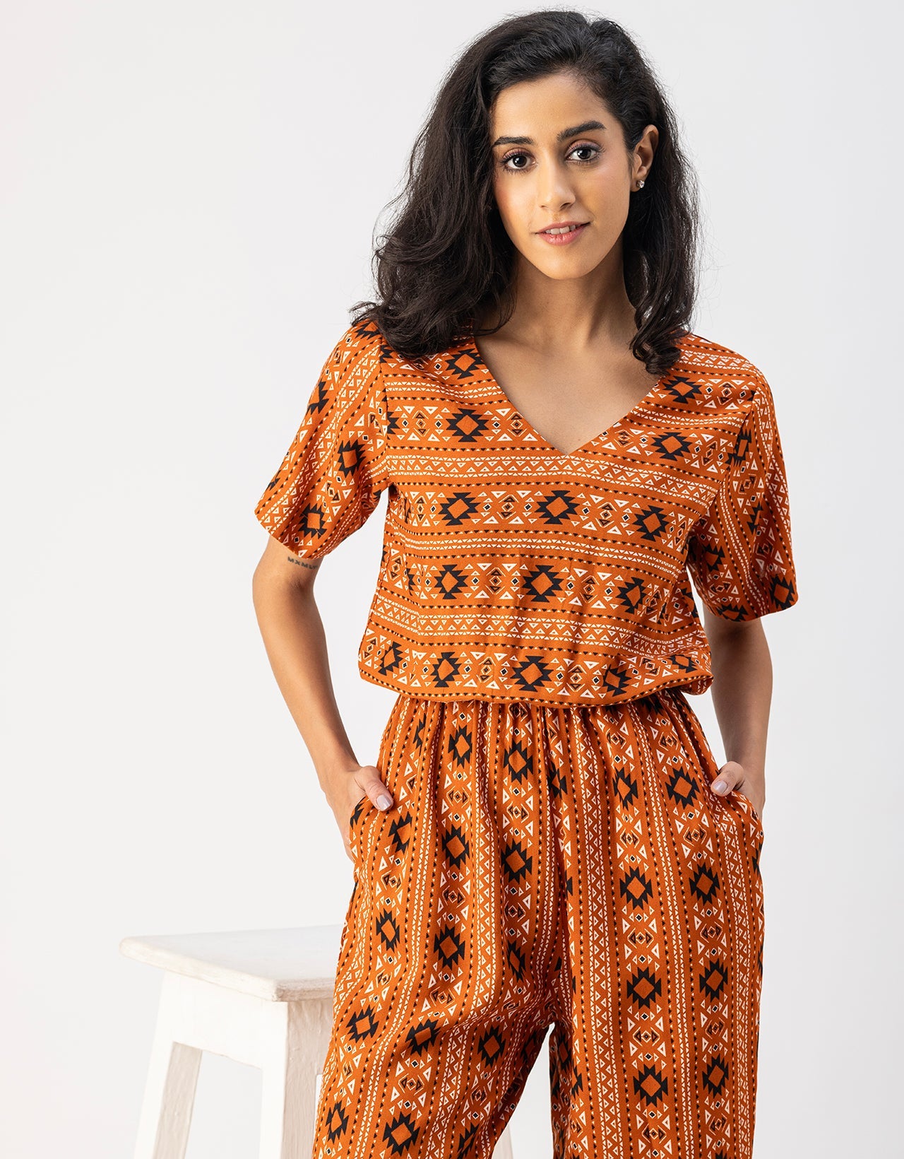 V Neck Full Leg Printed Rayon Jumpsuit