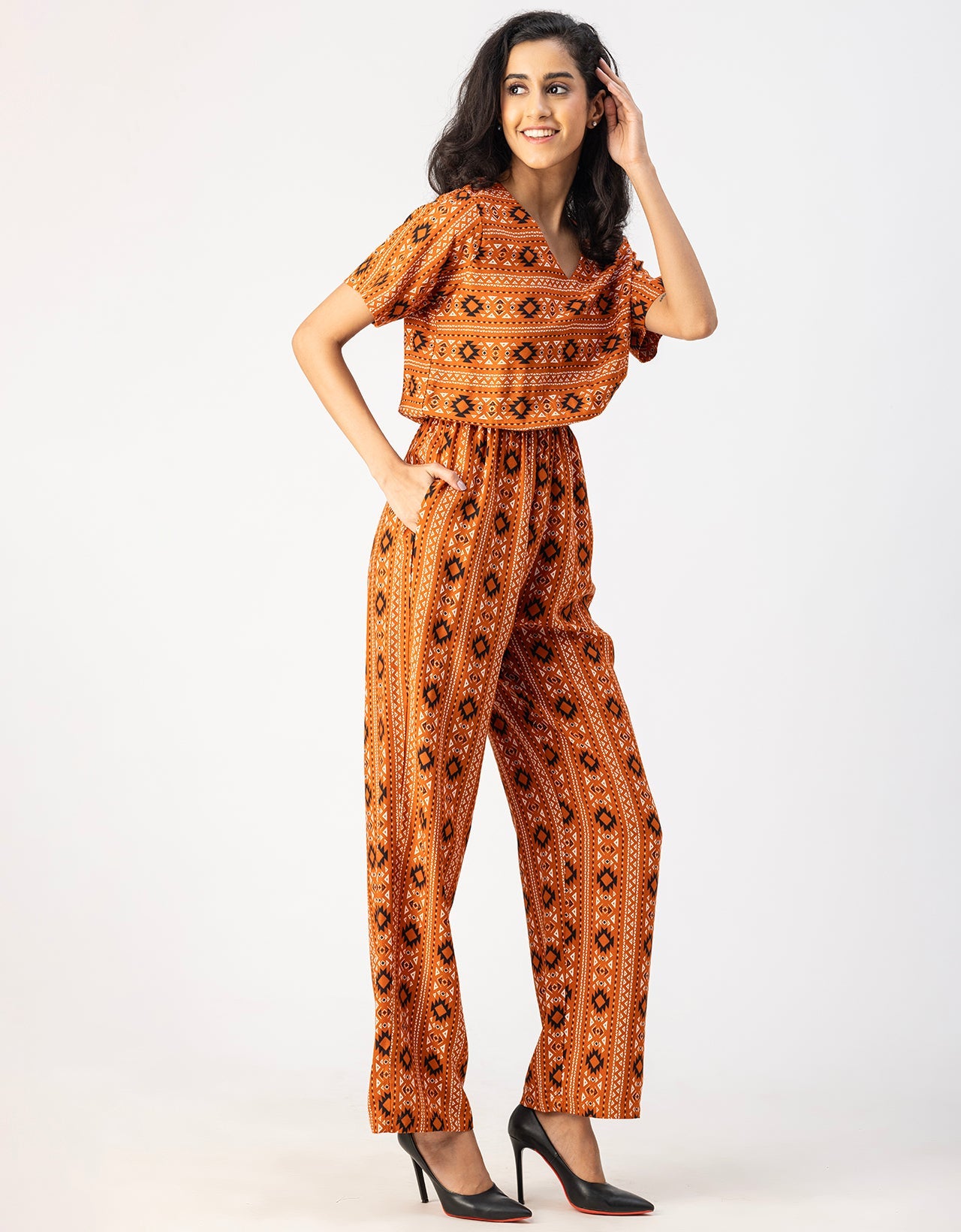V Neck Full Leg Printed Rayon Jumpsuit