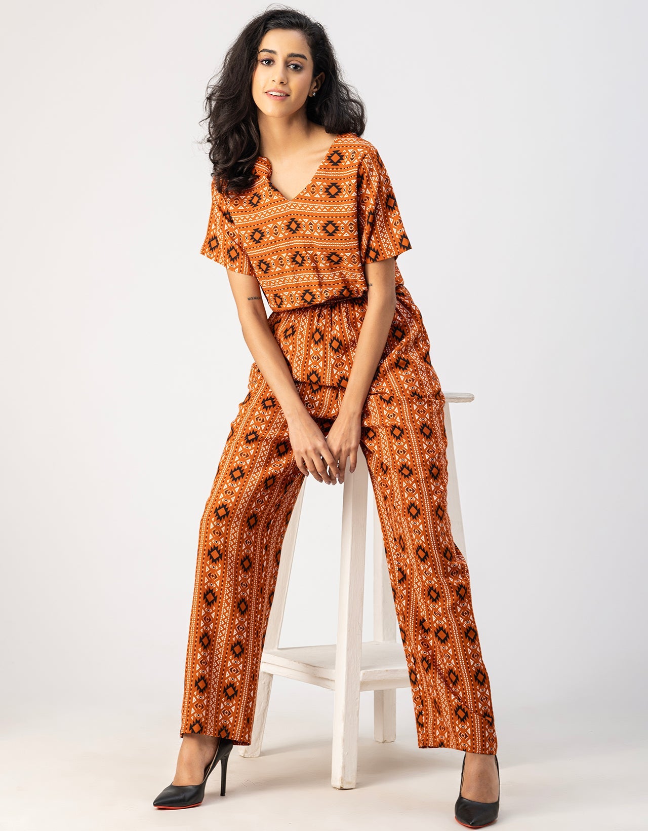 V Neck Full Leg Printed Rayon Jumpsuit