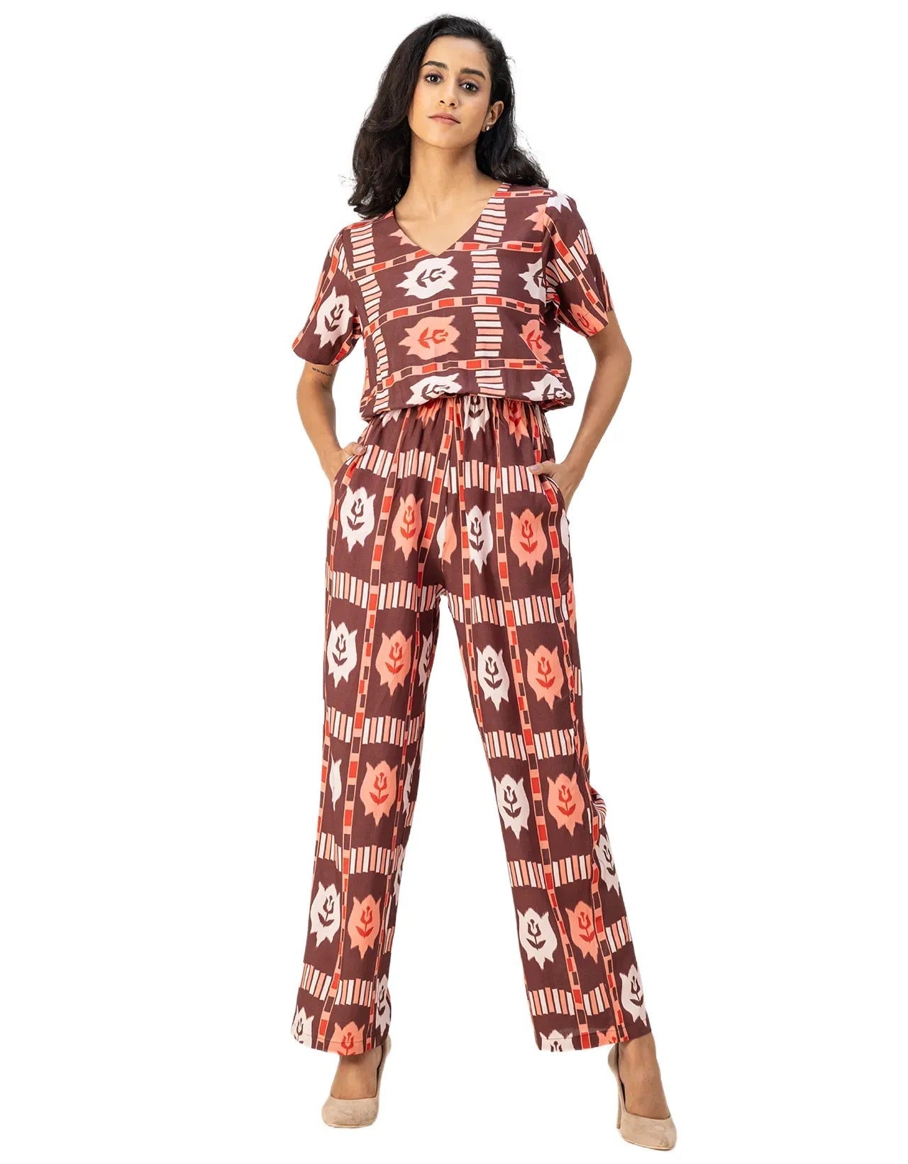 V Neck Full Leg Printed Rayon Jumpsuit