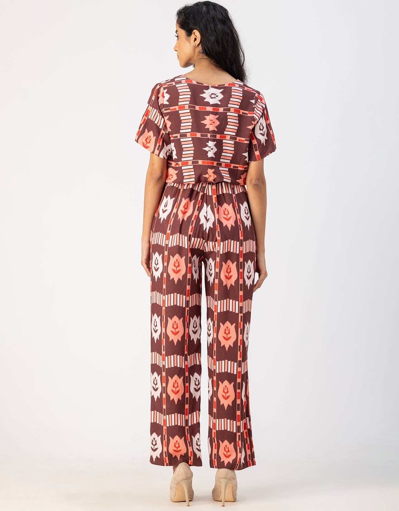 V Neck Full Leg Printed Rayon Jumpsuit