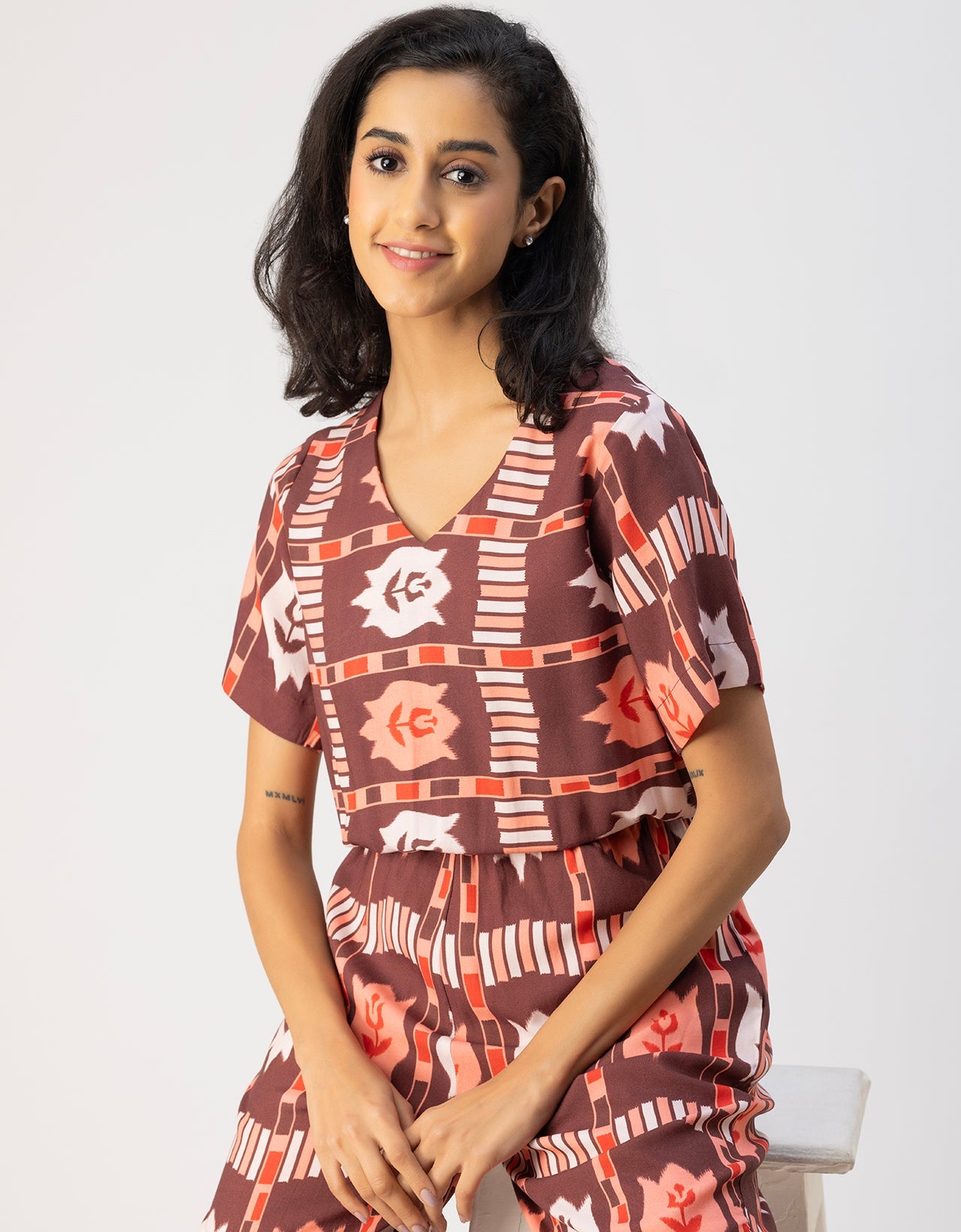 V Neck Full Leg Printed Rayon Jumpsuit