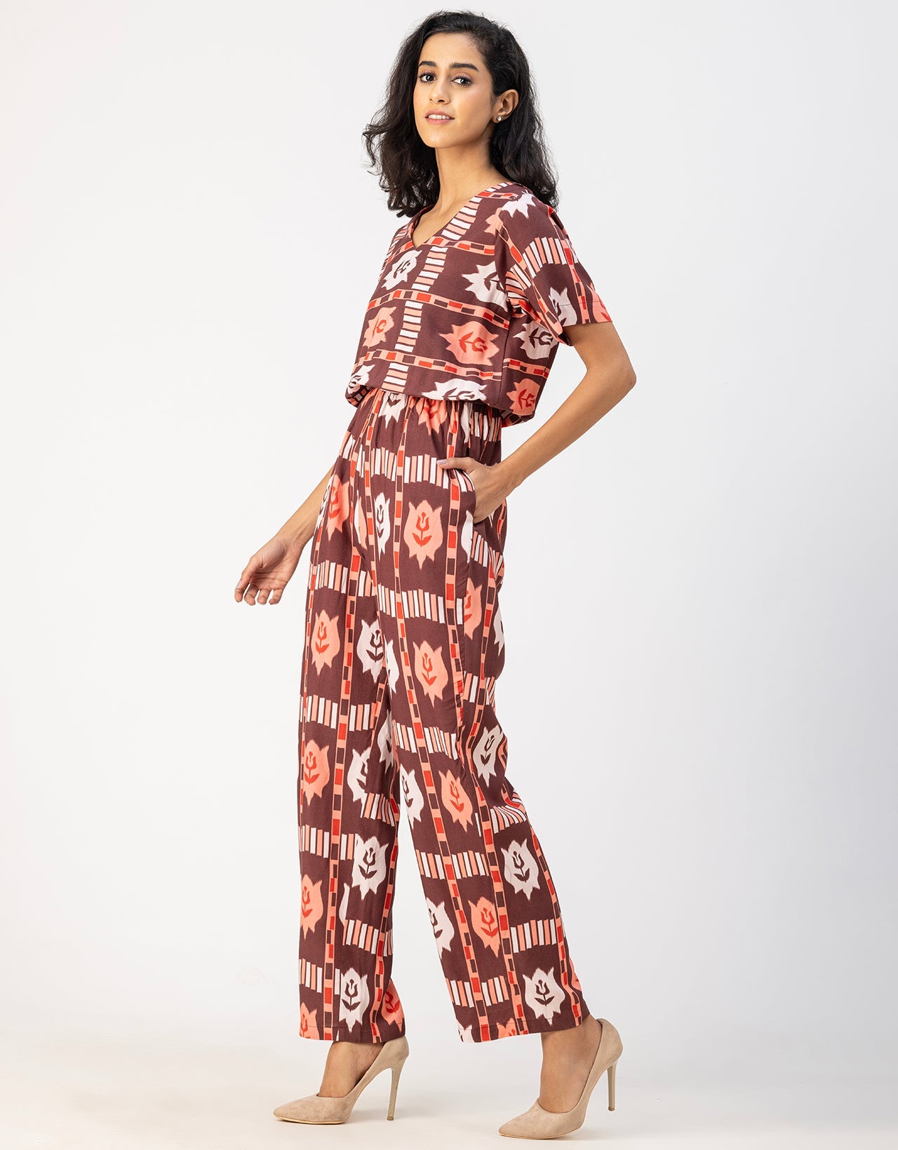 V Neck Full Leg Printed Rayon Jumpsuit
