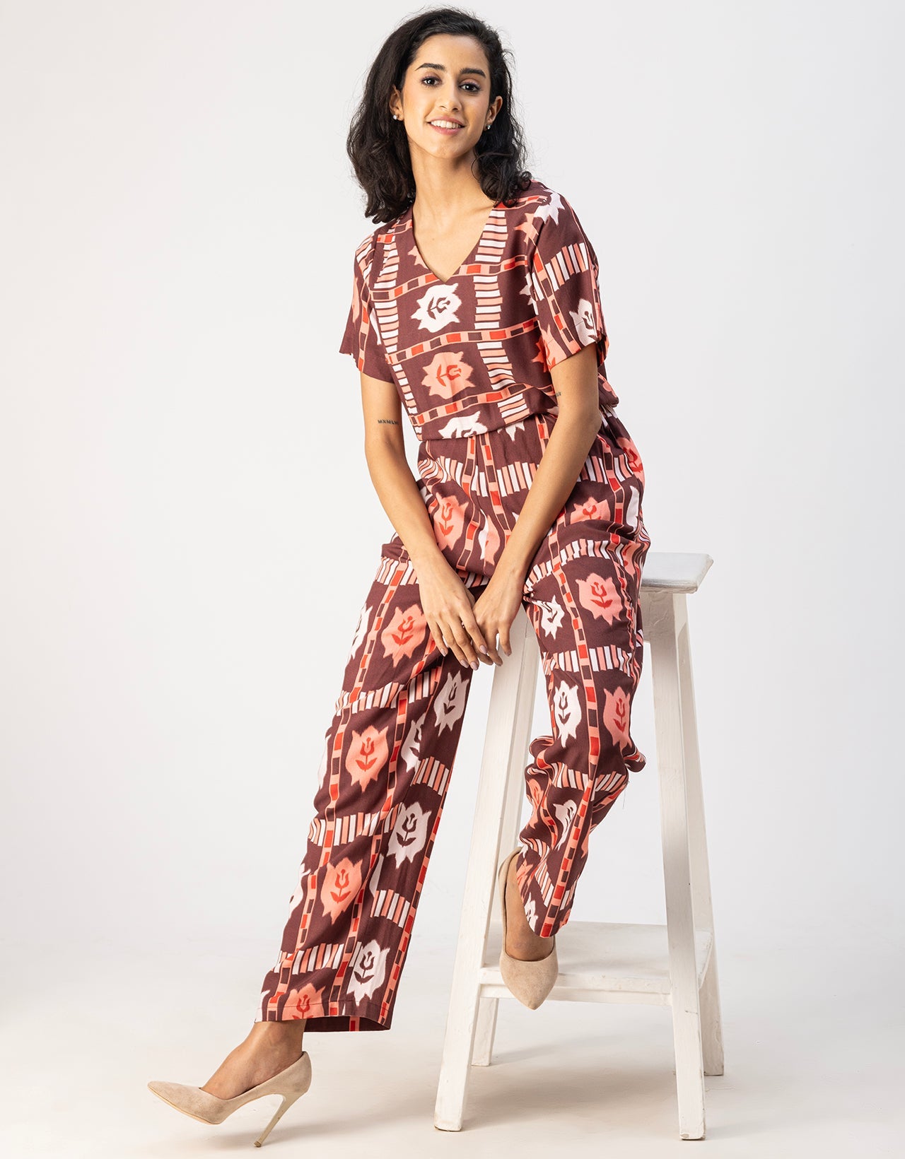 V Neck Full Leg Printed Rayon Jumpsuit