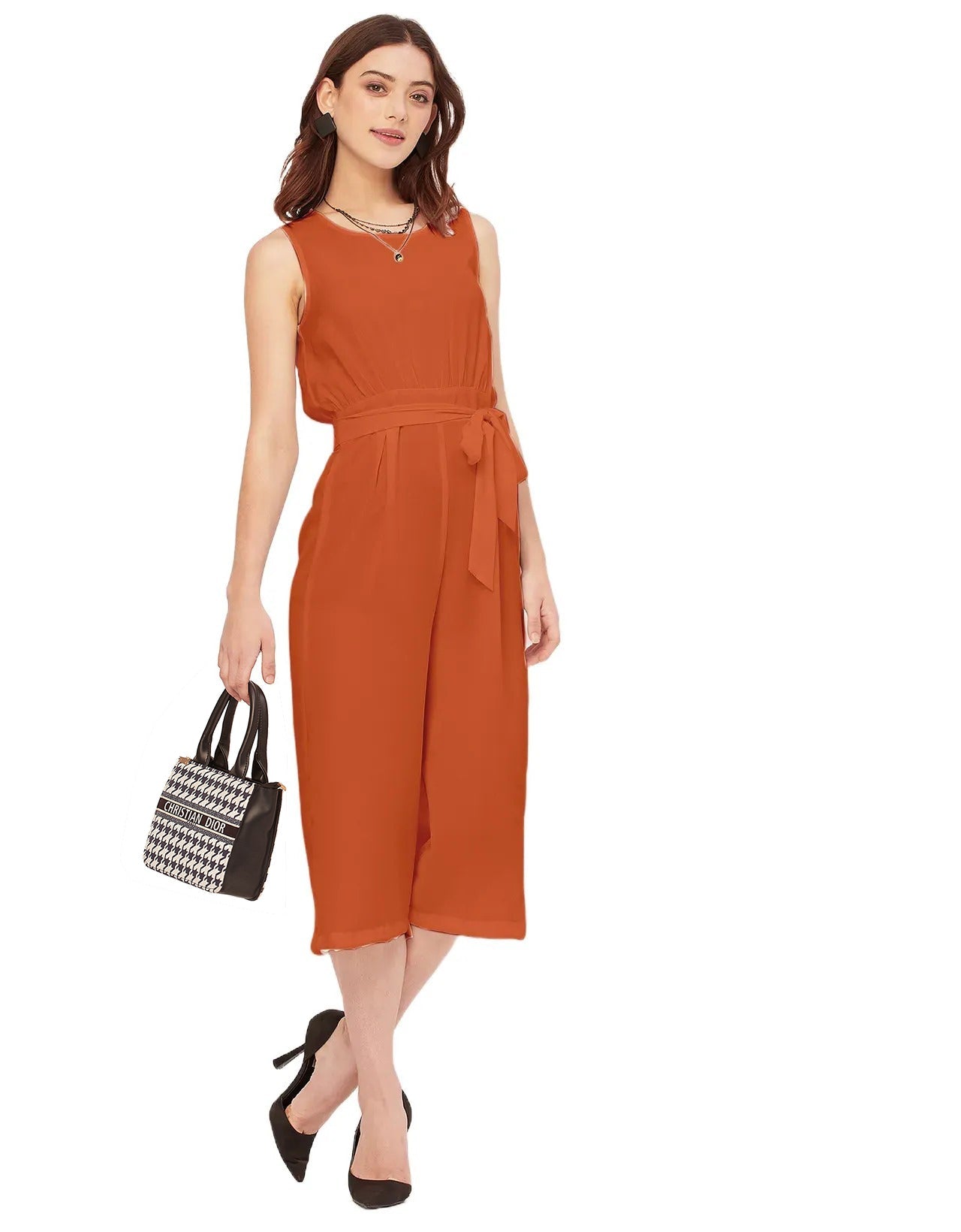 Elegant Solid Georgette Sleeveless quarter sleeve Jumpsuit
