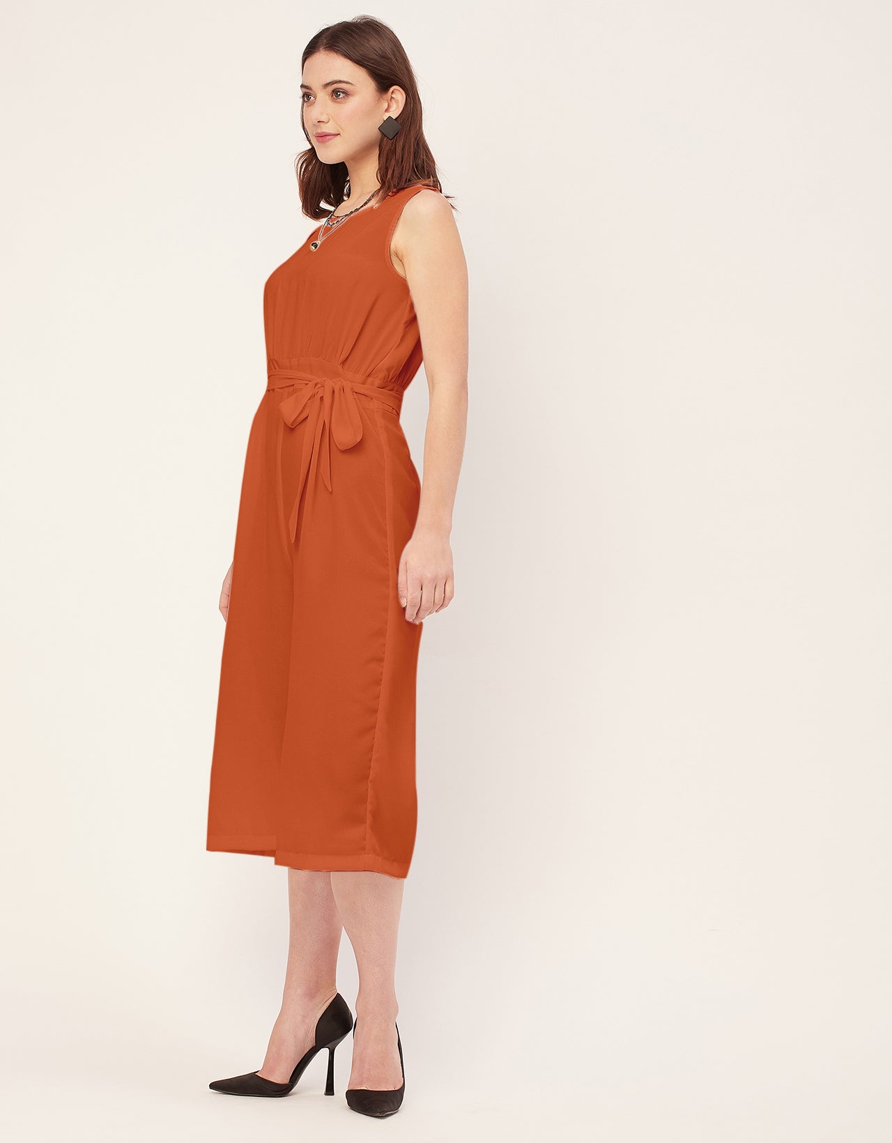 Elegant Solid Georgette Sleeveless quarter sleeve Jumpsuit