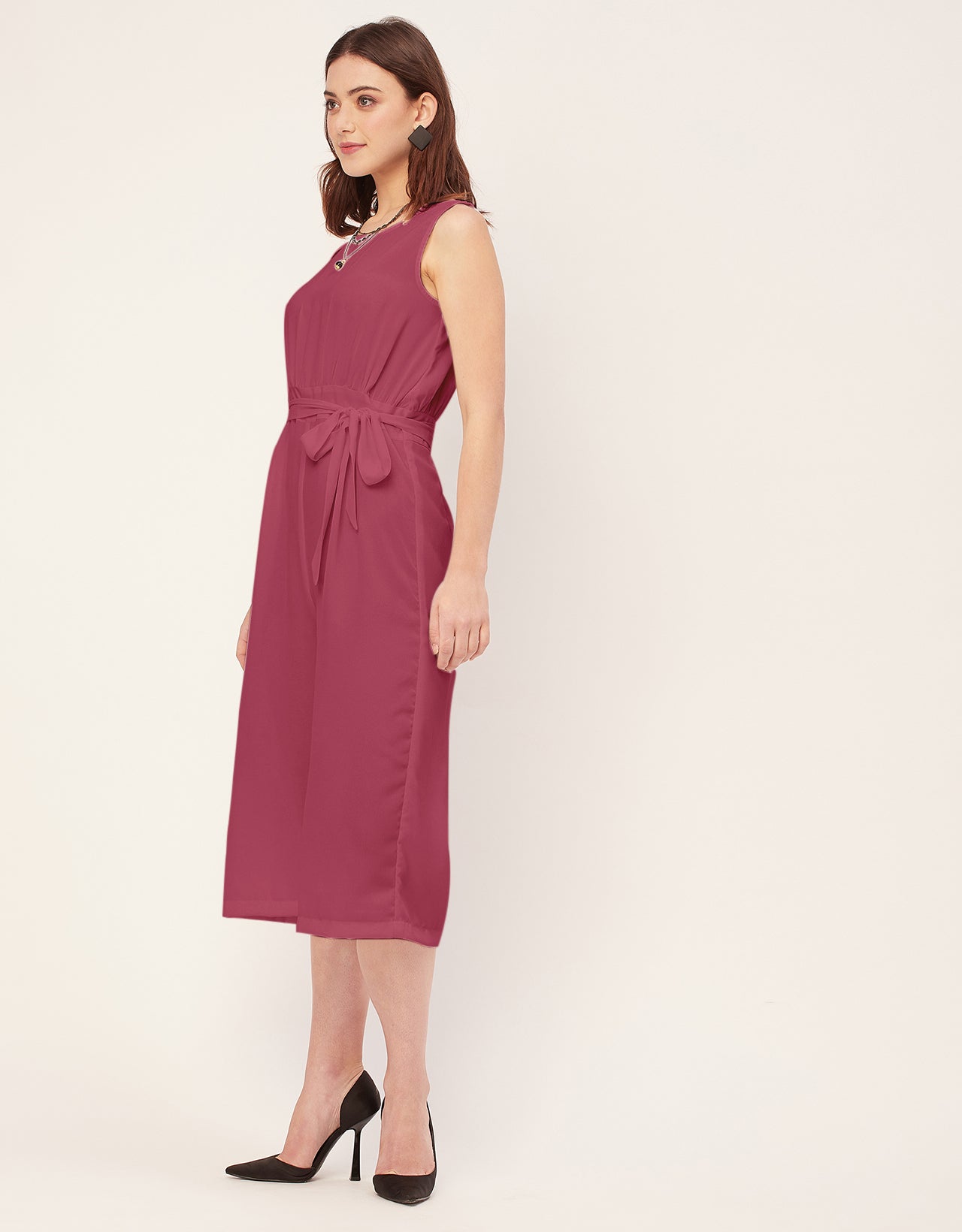 Elegant Solid Georgette Sleeveless quarter sleeve Jumpsuit