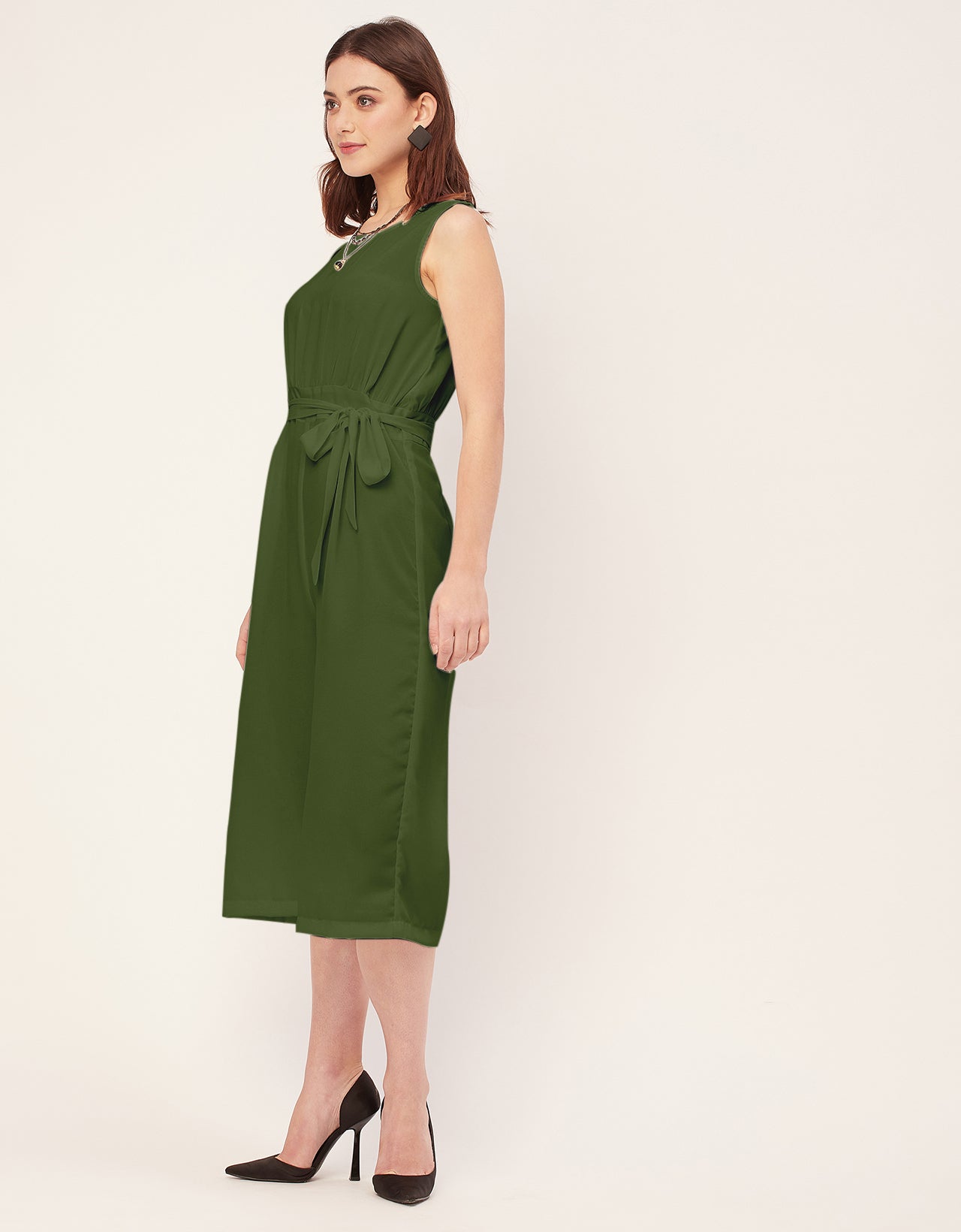 Elegant Solid Georgette Sleeveless quarter sleeve Jumpsuit