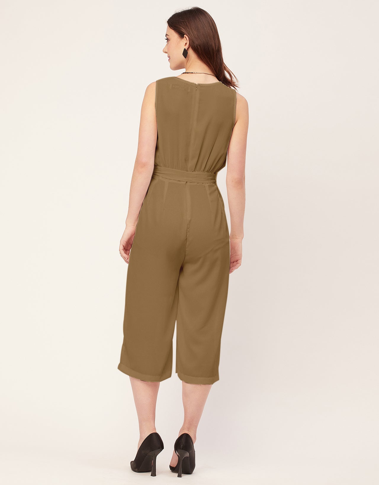 Elegant Solid Georgette Sleeveless quarter sleeve Jumpsuit