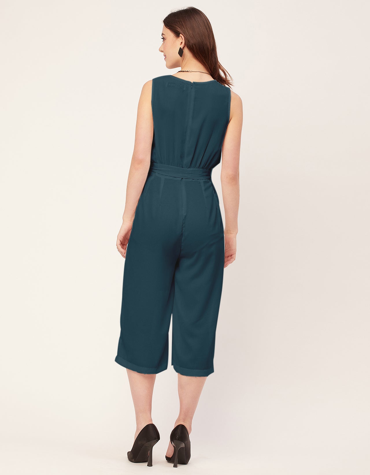 Elegant Solid Georgette Sleeveless quarter sleeve Jumpsuit