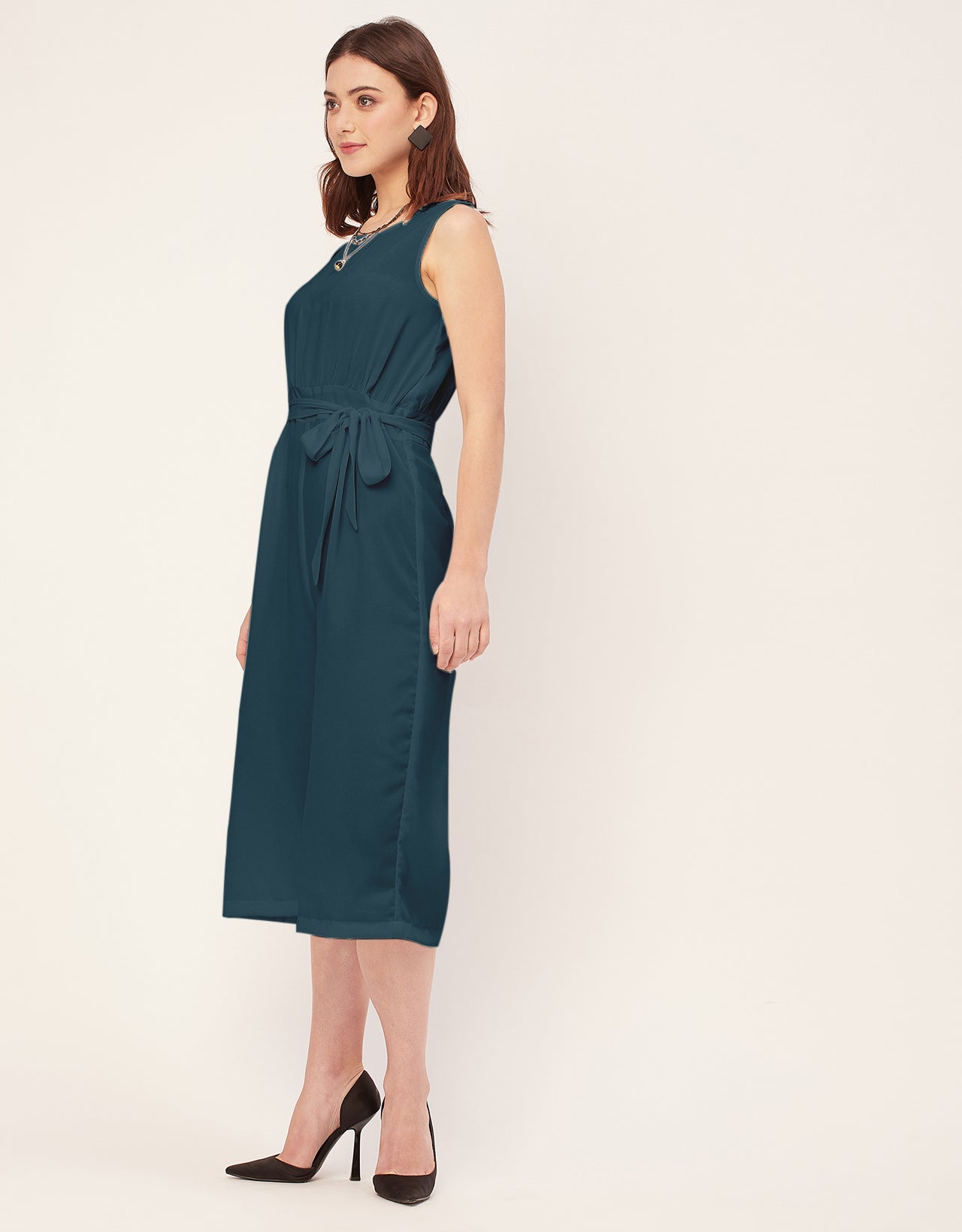 Elegant Solid Georgette Sleeveless quarter sleeve Jumpsuit