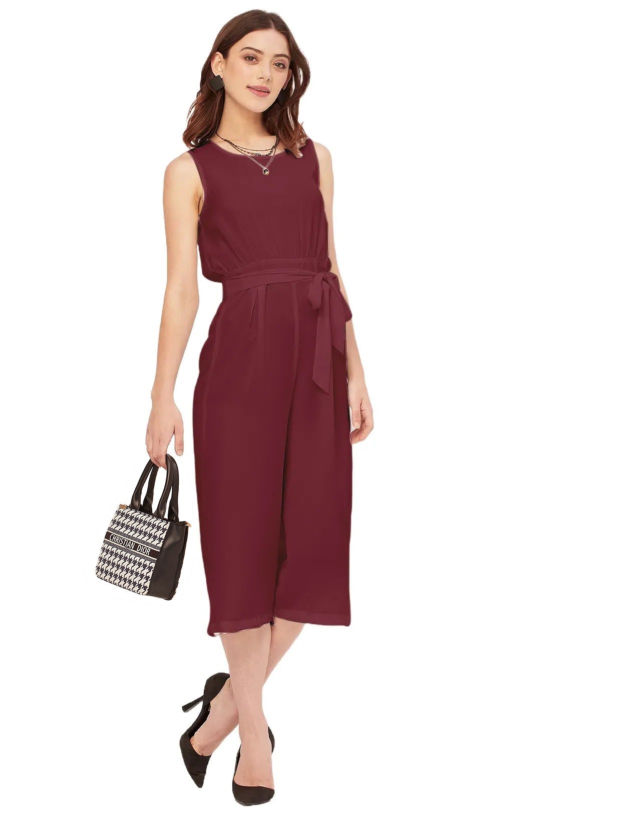 Elegant Solid Georgette Sleeveless quarter sleeve Jumpsuit